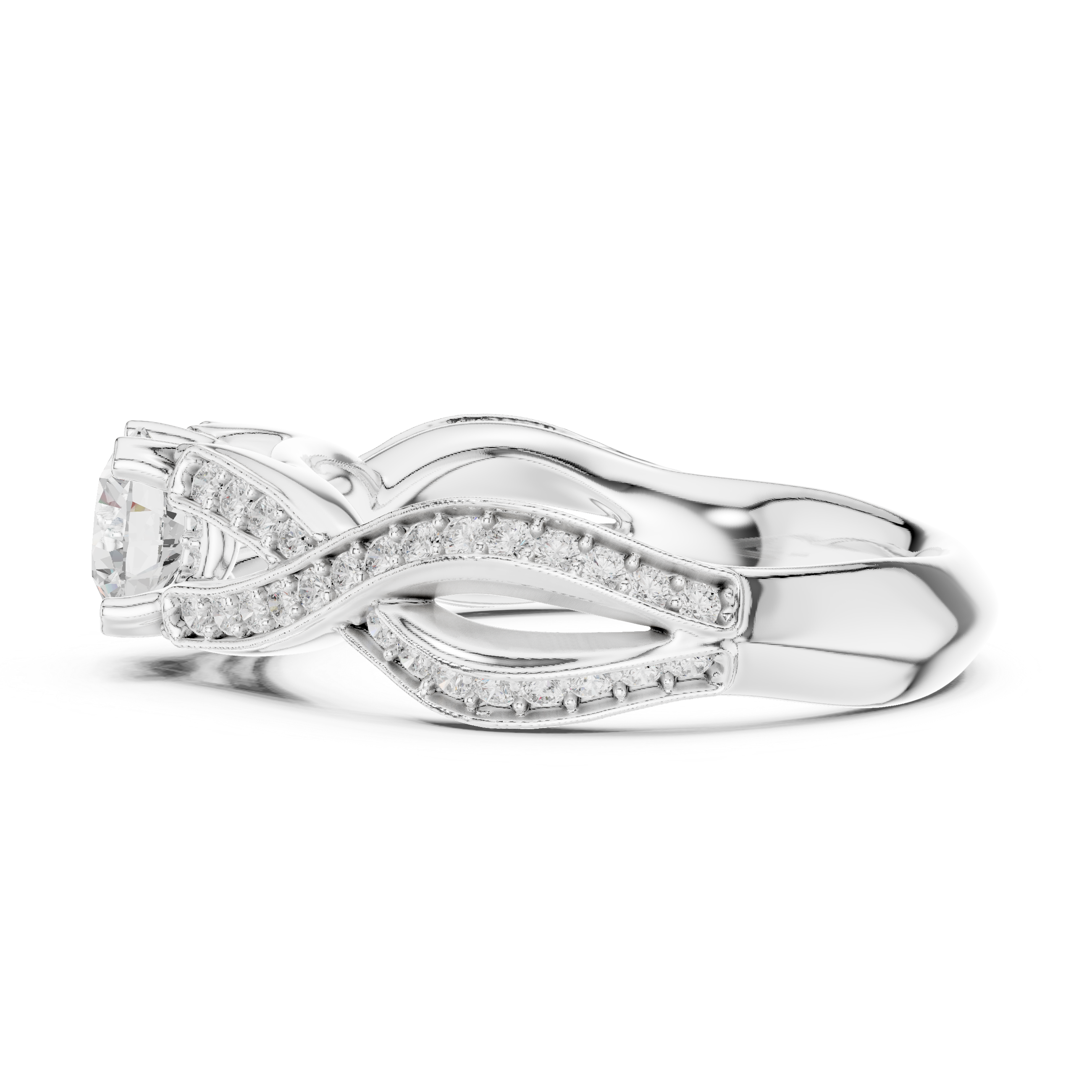 Infinity Twist Diamond Engagement Ring – Round Solitaire Pavé Bridal Ring