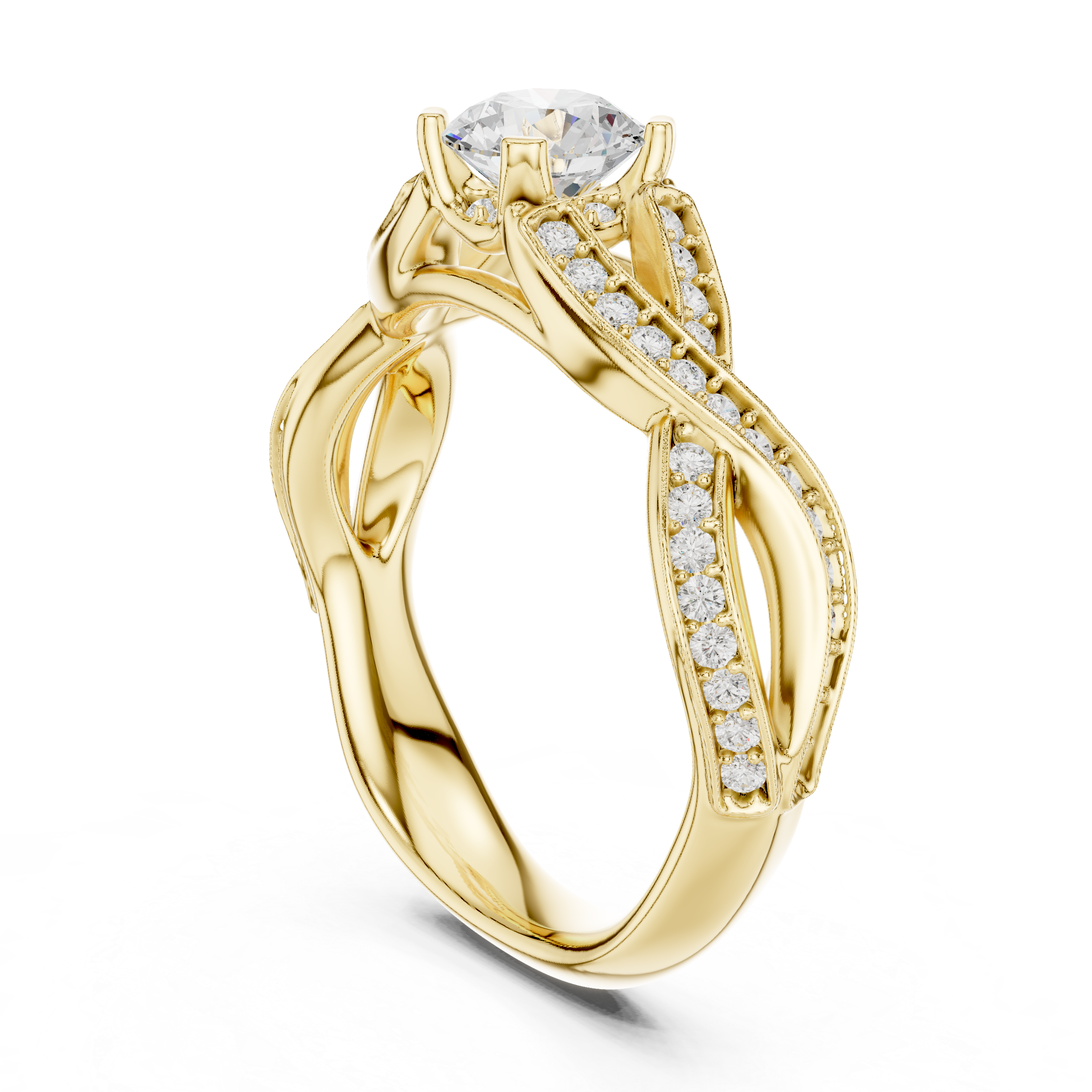 Infinity Twist Diamond Engagement Ring – Round Solitaire Pavé Bridal Ring