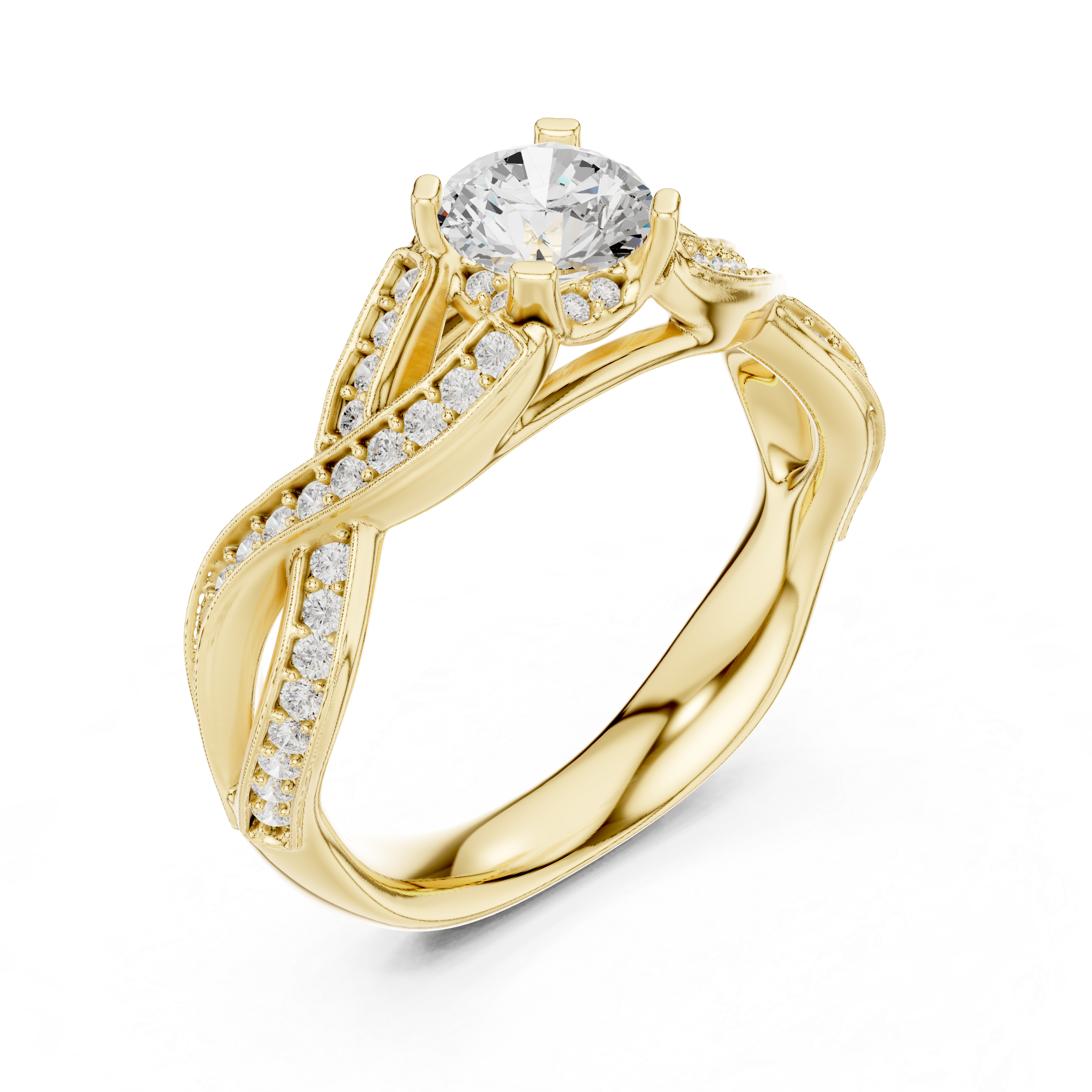 Infinity Twist Diamond Engagement Ring – Round Solitaire Pavé Bridal Ring
