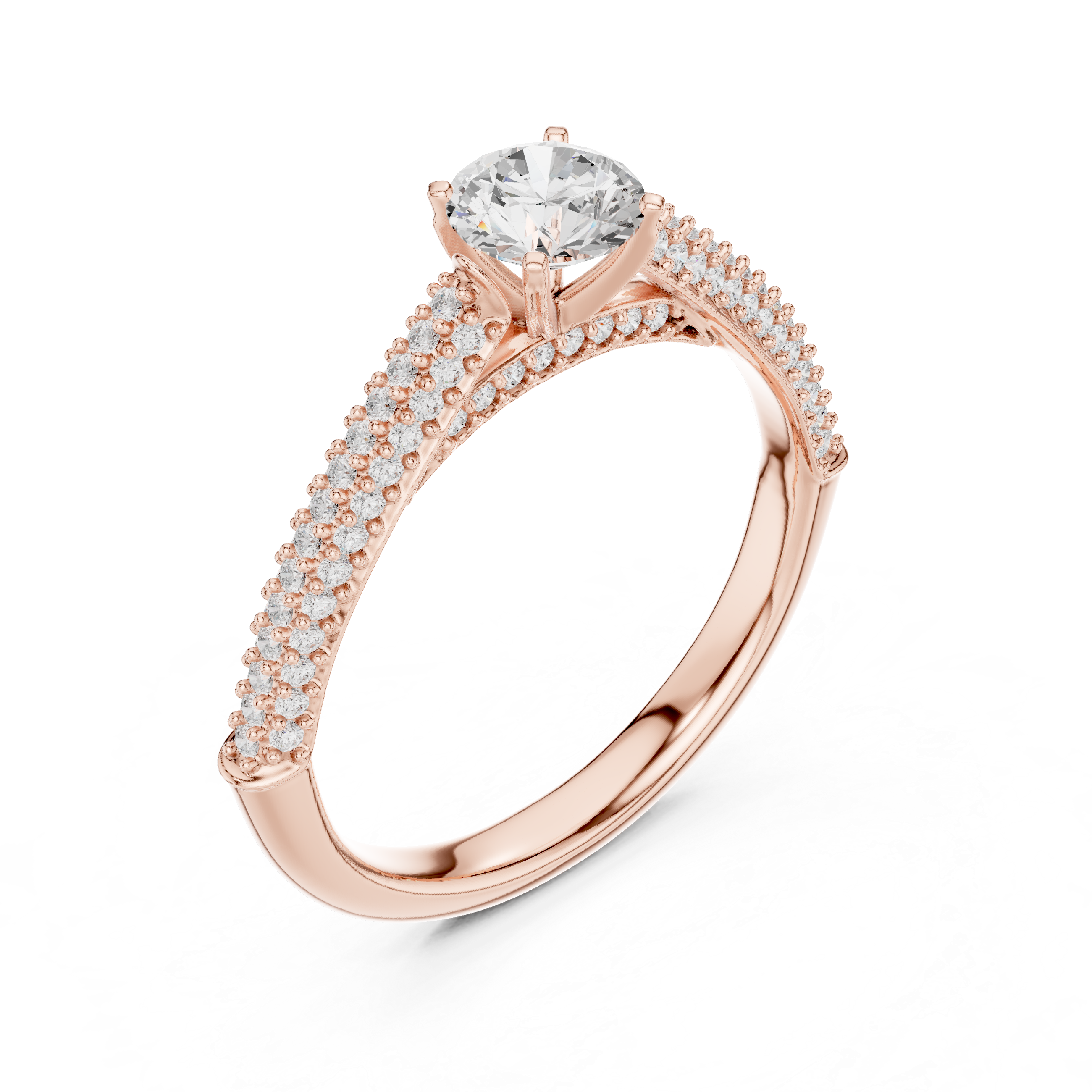 Double Row Pavé Diamond Engagement Ring – Round Solitaire Cathedral Bridal Ring
