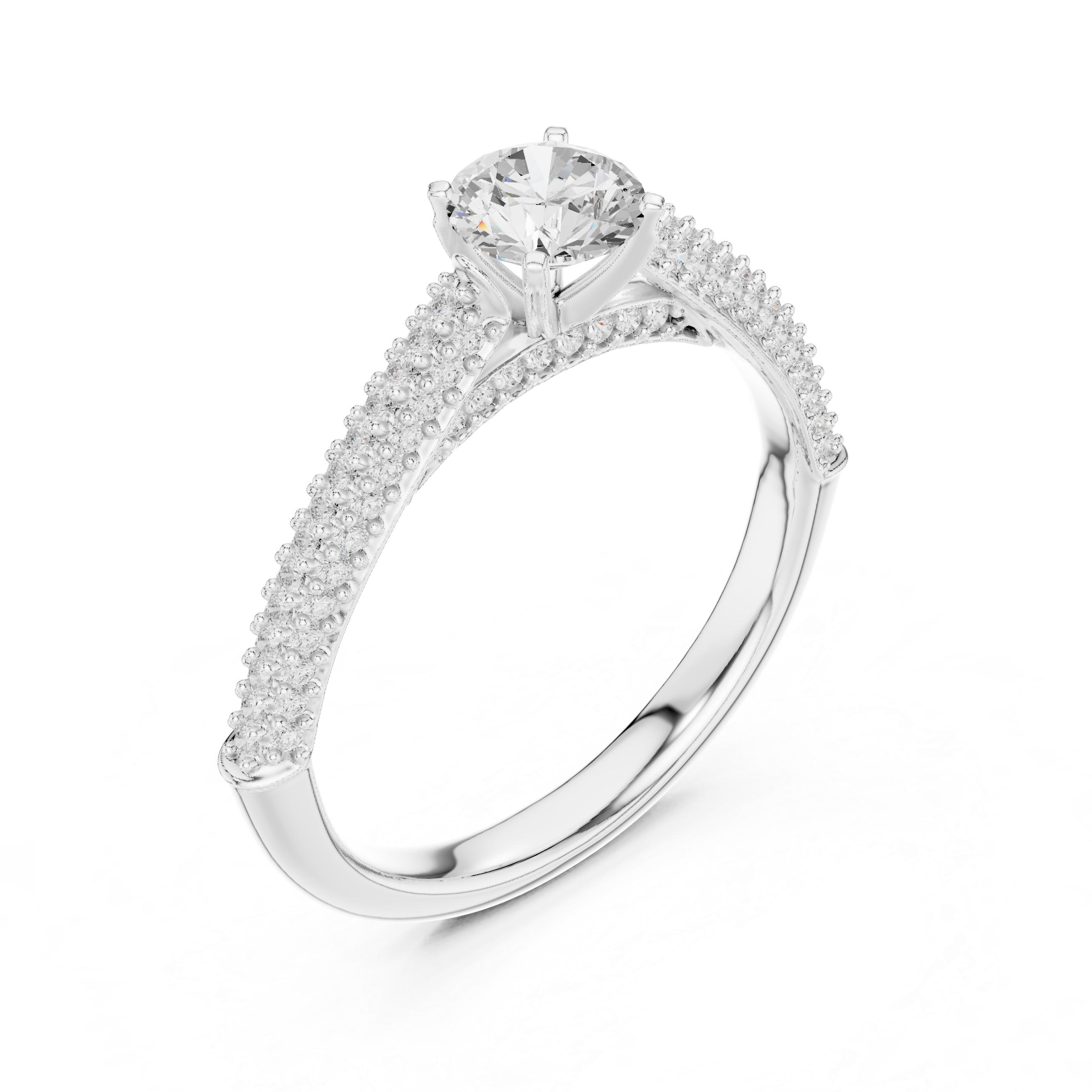 Double Row Pavé Diamond Engagement Ring – Round Solitaire Cathedral Bridal Ring