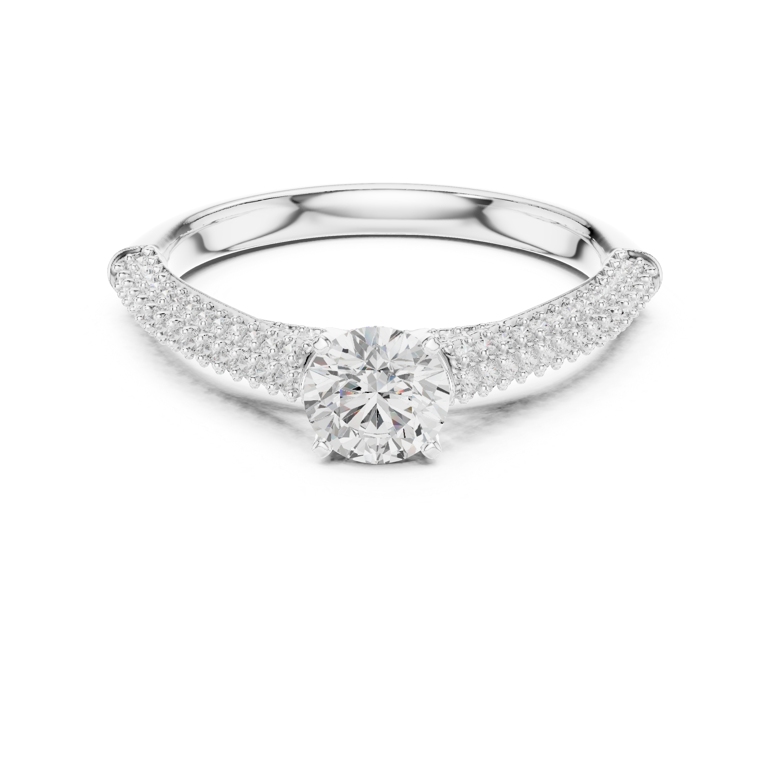 Double Row Pavé Diamond Engagement Ring – Round Solitaire Cathedral Bridal Ring