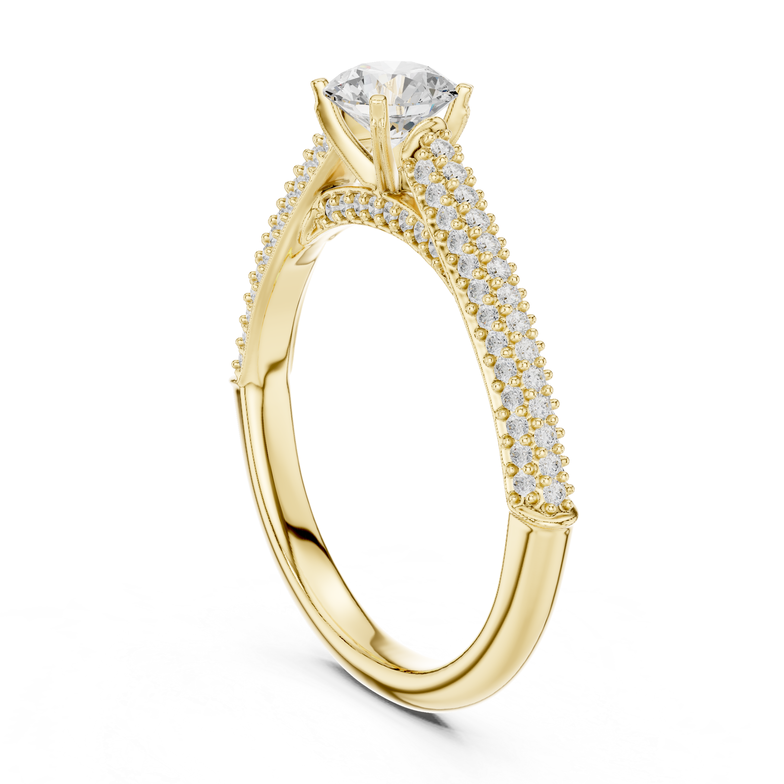 Double Row Pavé Diamond Engagement Ring – Round Solitaire Cathedral Bridal Ring