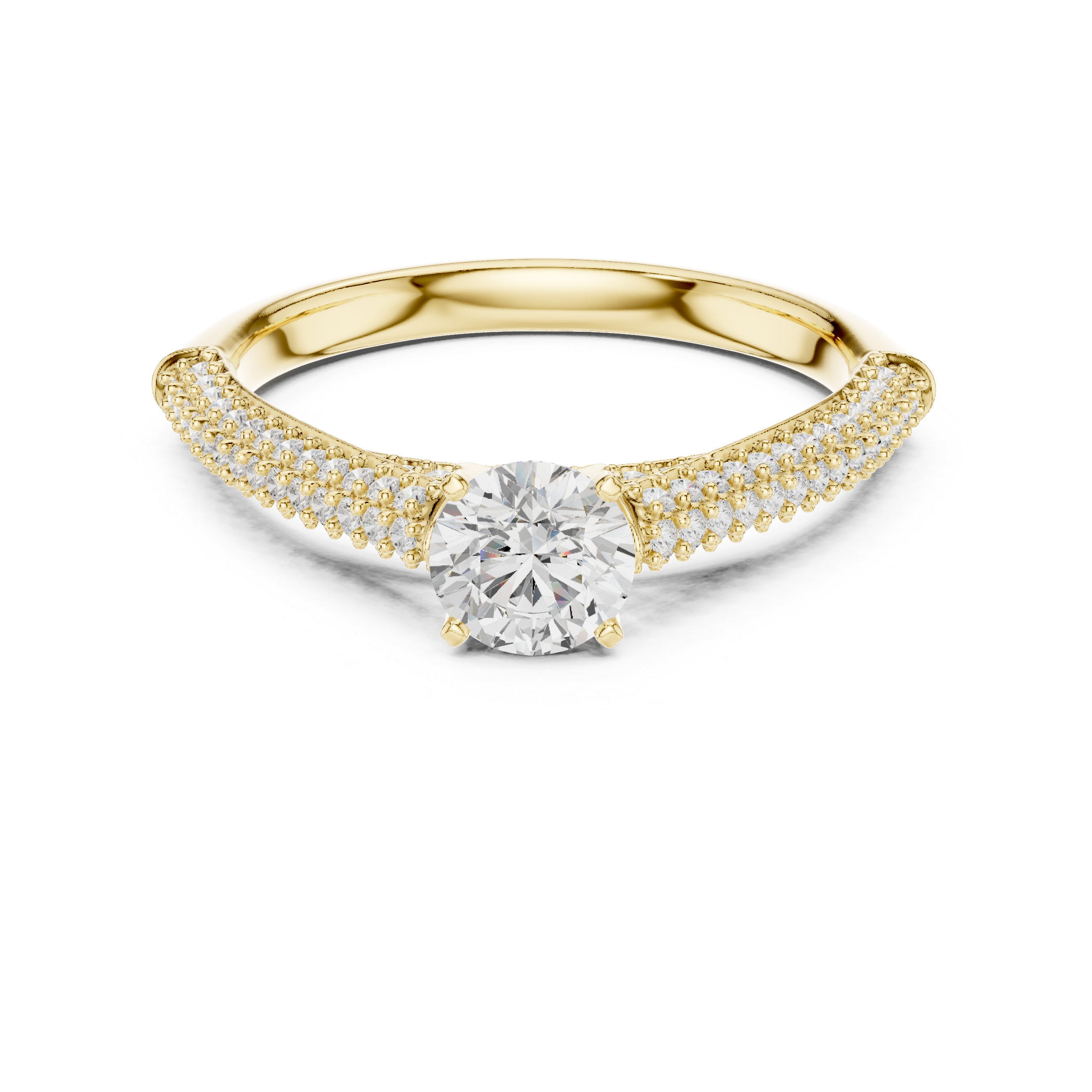 Double Row Pavé Diamond Engagement Ring – Round Solitaire Cathedral Bridal Ring