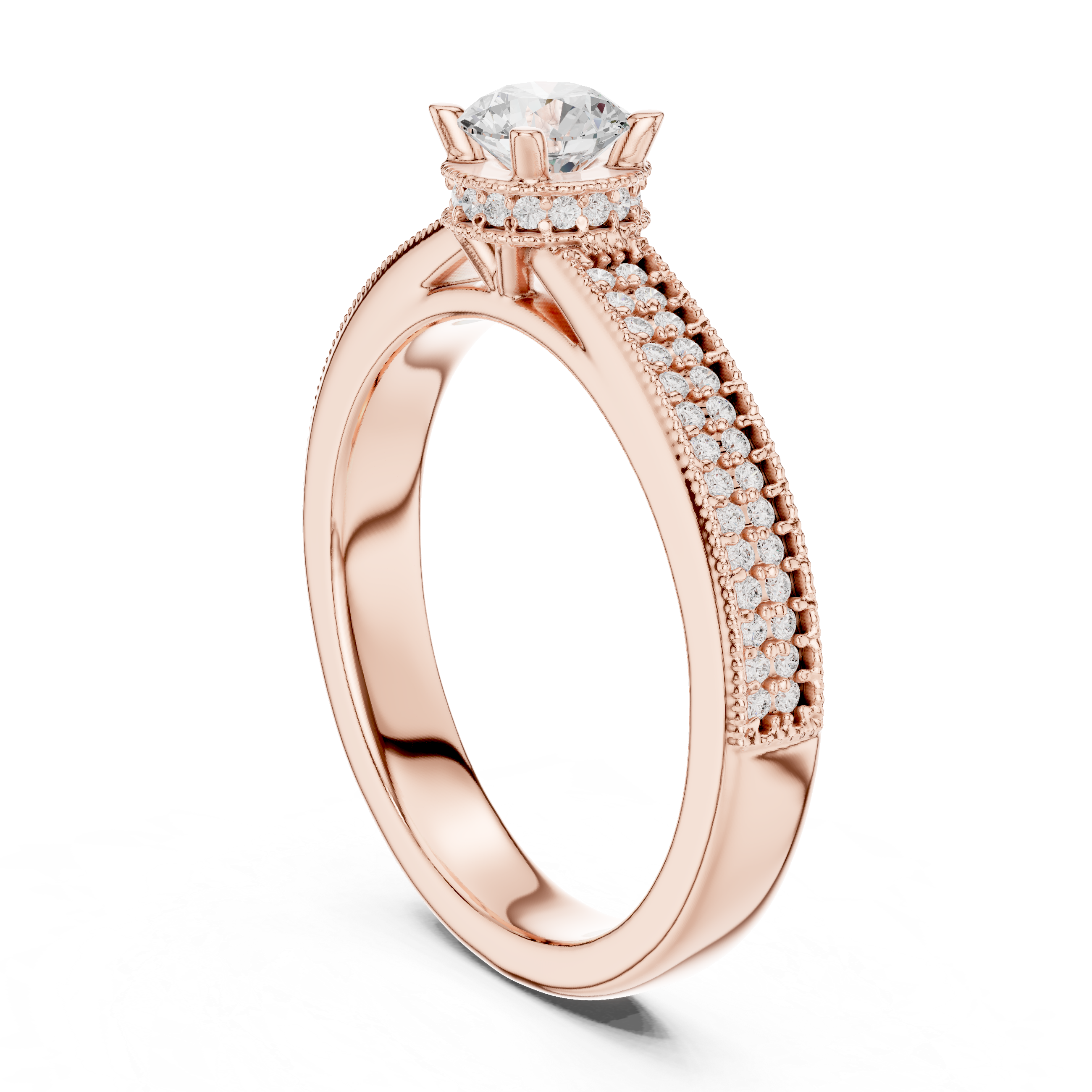 Classic Triple Row Pavé Diamond Engagement Ring – Round Solitaire Bridal Ring