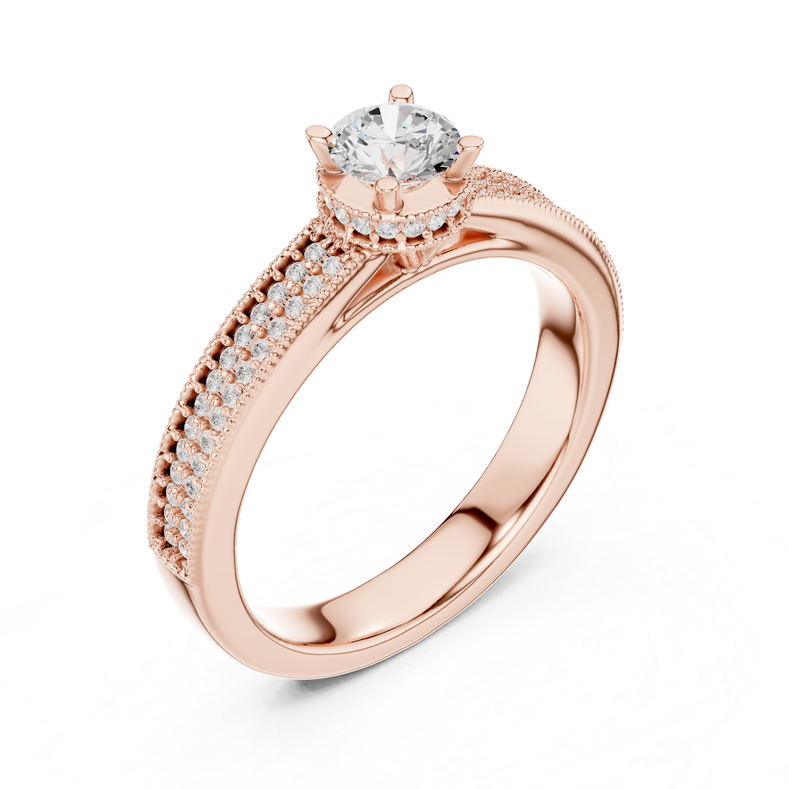 Classic Triple Row Pavé Diamond Engagement Ring – Round Solitaire Bridal Ring
