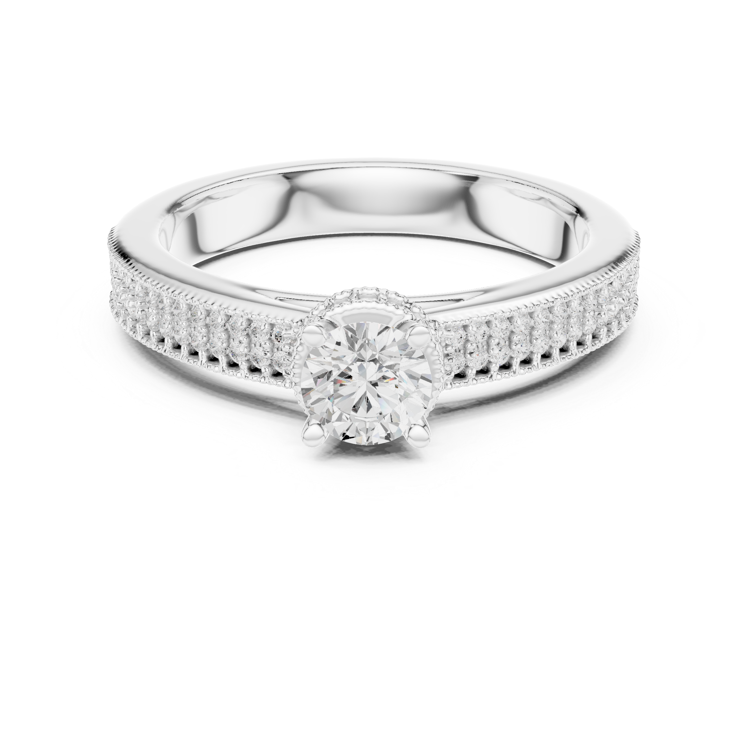 Classic Triple Row Pavé Diamond Engagement Ring – Round Solitaire Bridal Ring