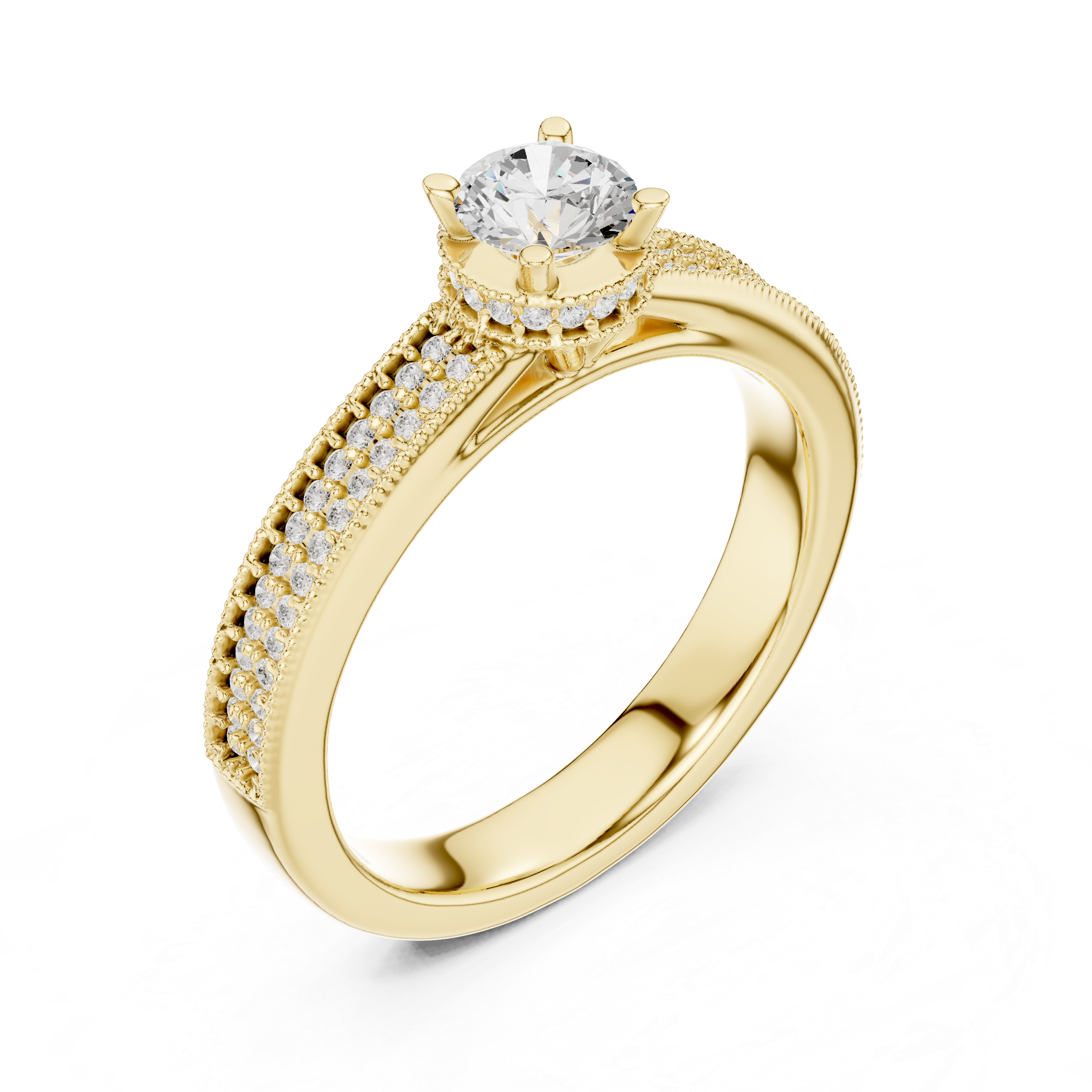 Classic Triple Row Pavé Diamond Engagement Ring – Round Solitaire Bridal Ring