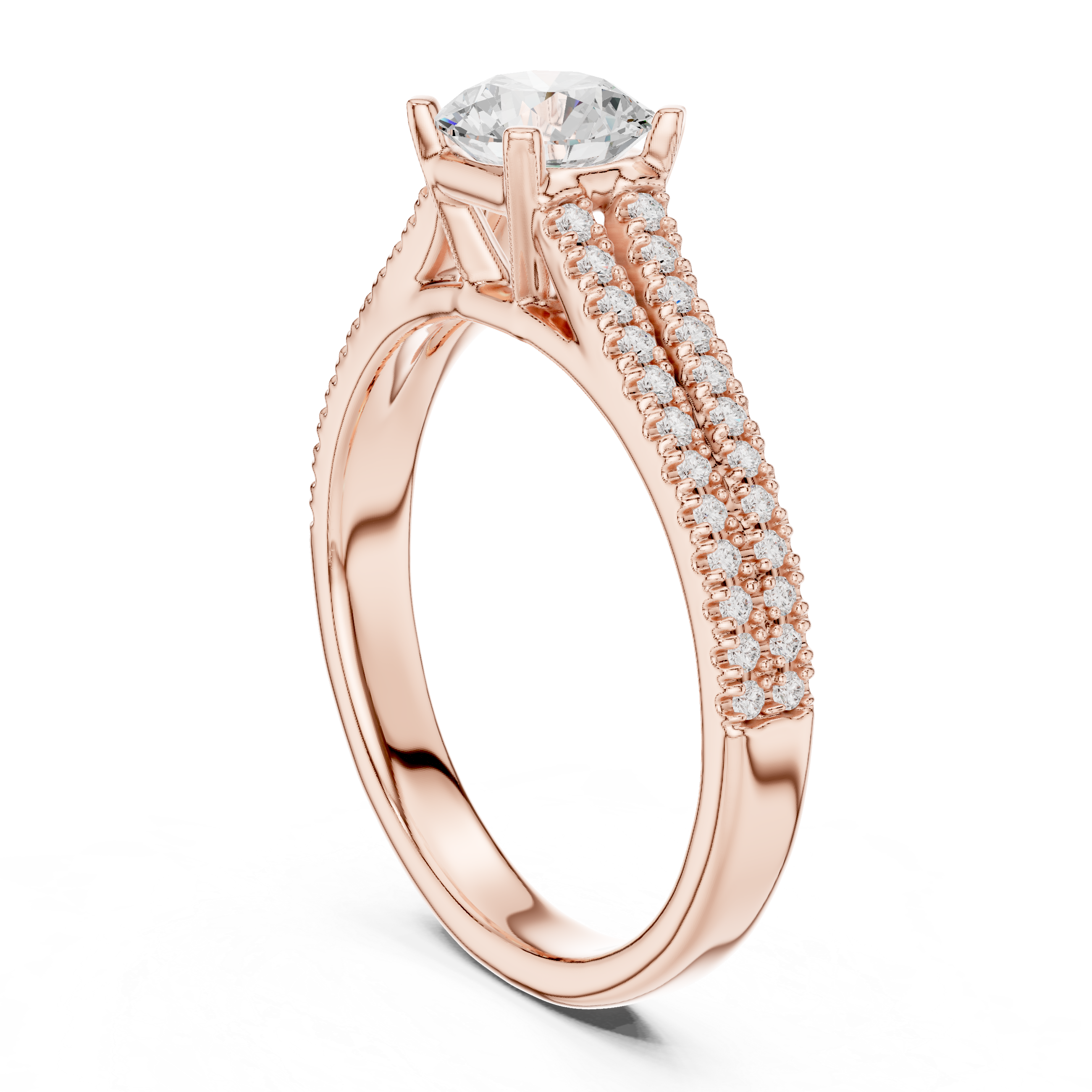 Triple Row Pavé Diamond Engagement Ring – Round Cut Cathedral Solitaire Bridal Ring