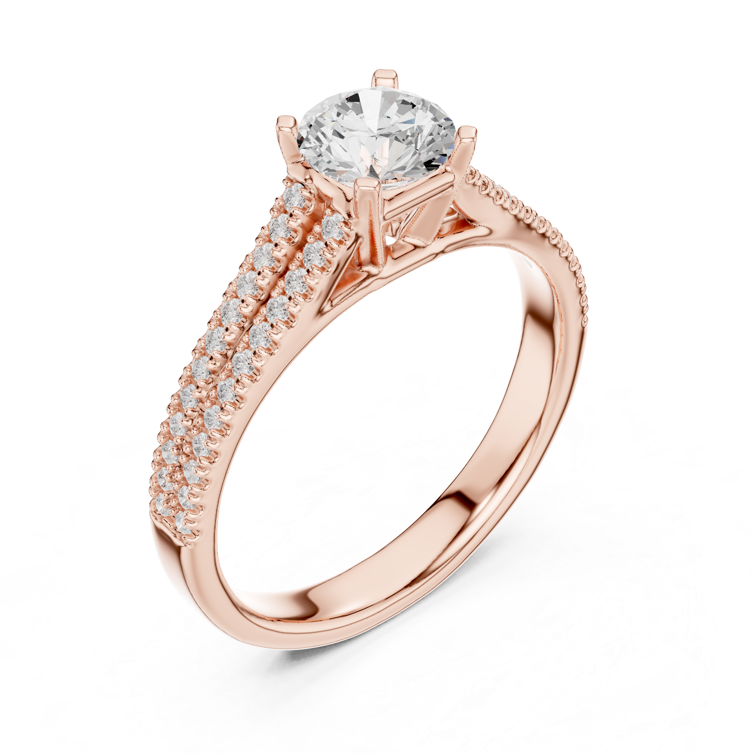 Triple Row Pavé Diamond Engagement Ring – Round Cut Cathedral Solitaire Bridal Ring