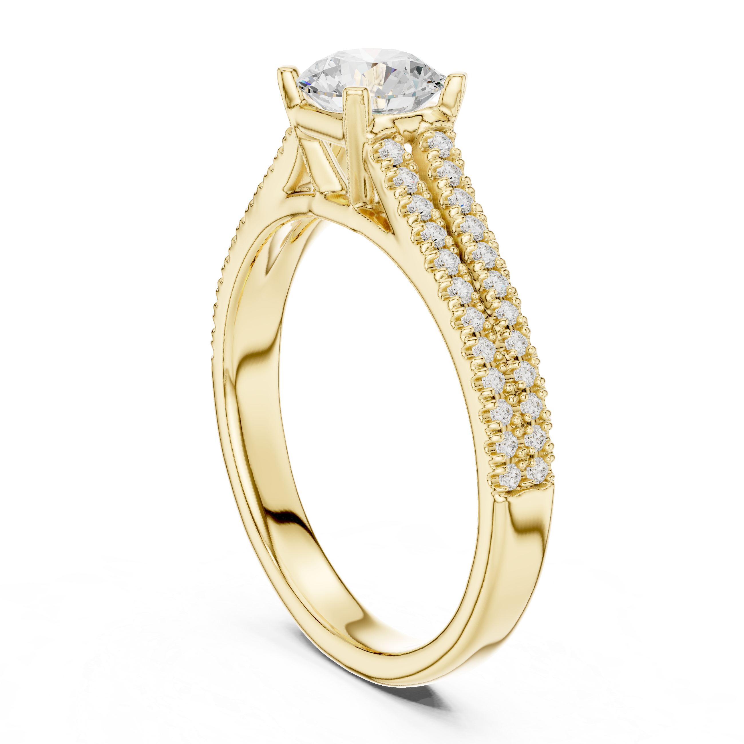 Triple Row Pavé Diamond Engagement Ring – Round Cut Cathedral Solitaire Bridal Ring