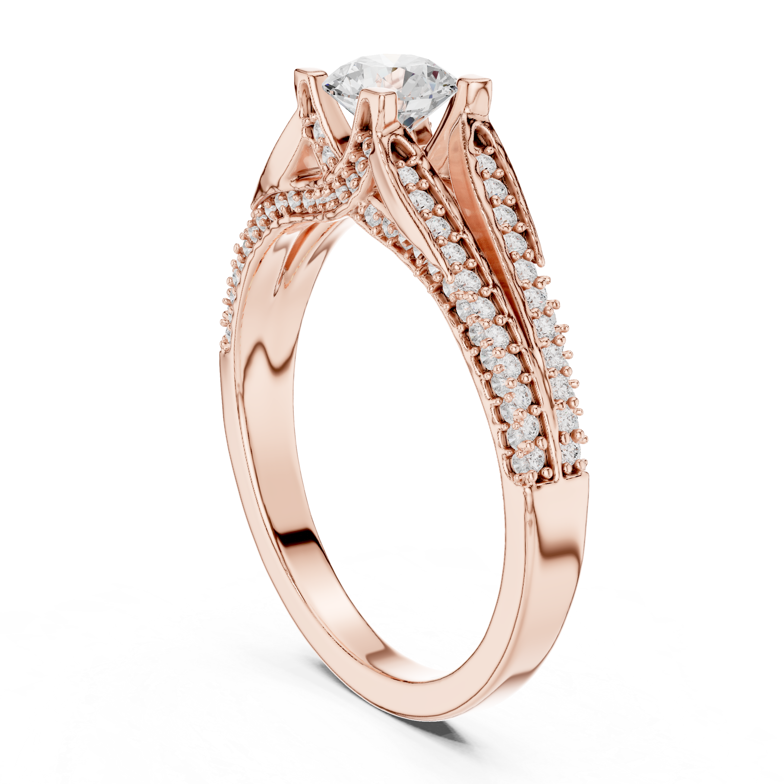 Split Shank Diamond Engagement Ring – Round Cut Pavé Bridal Ring with Cathedral Setting