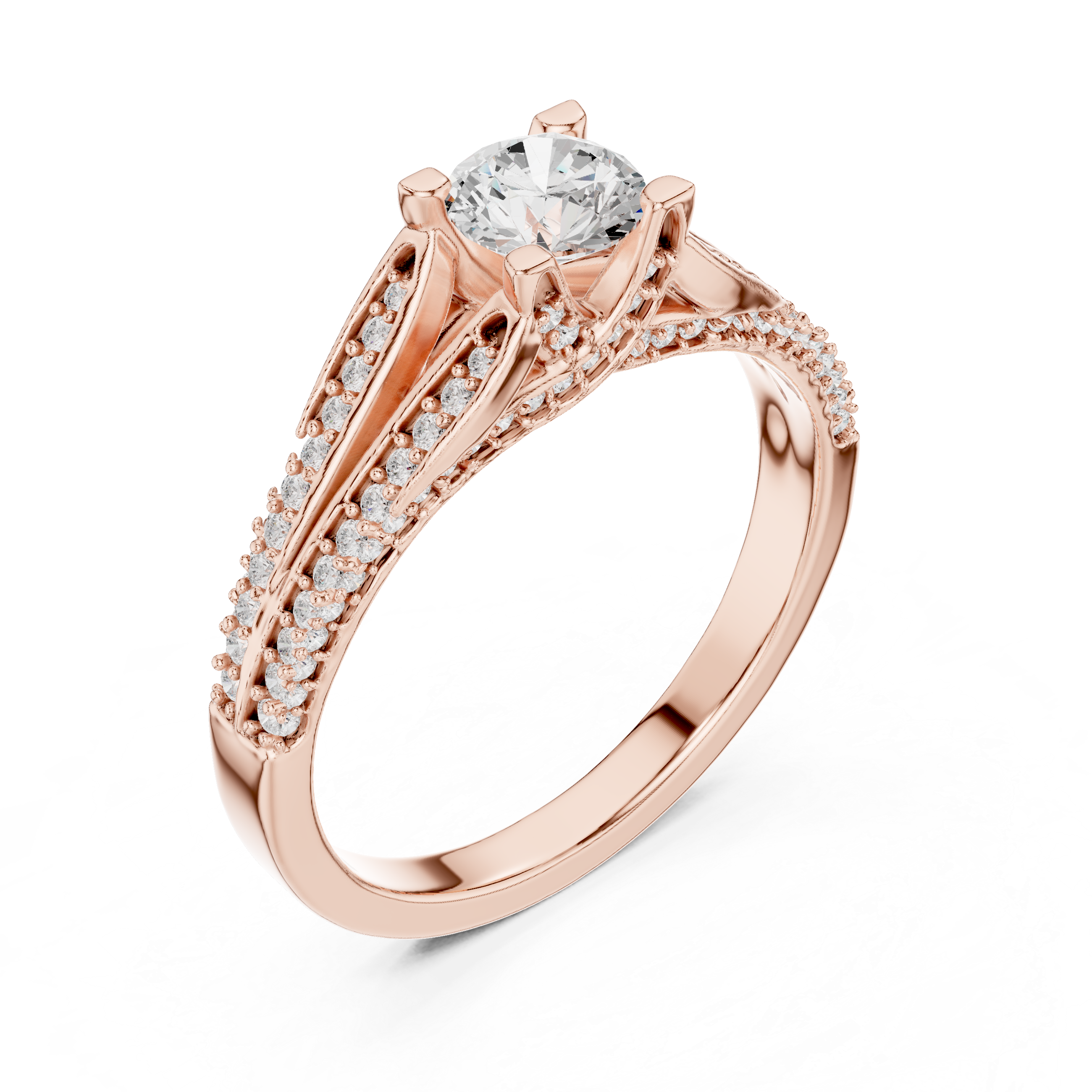 Split Shank Diamond Engagement Ring – Round Cut Pavé Bridal Ring with Cathedral Setting