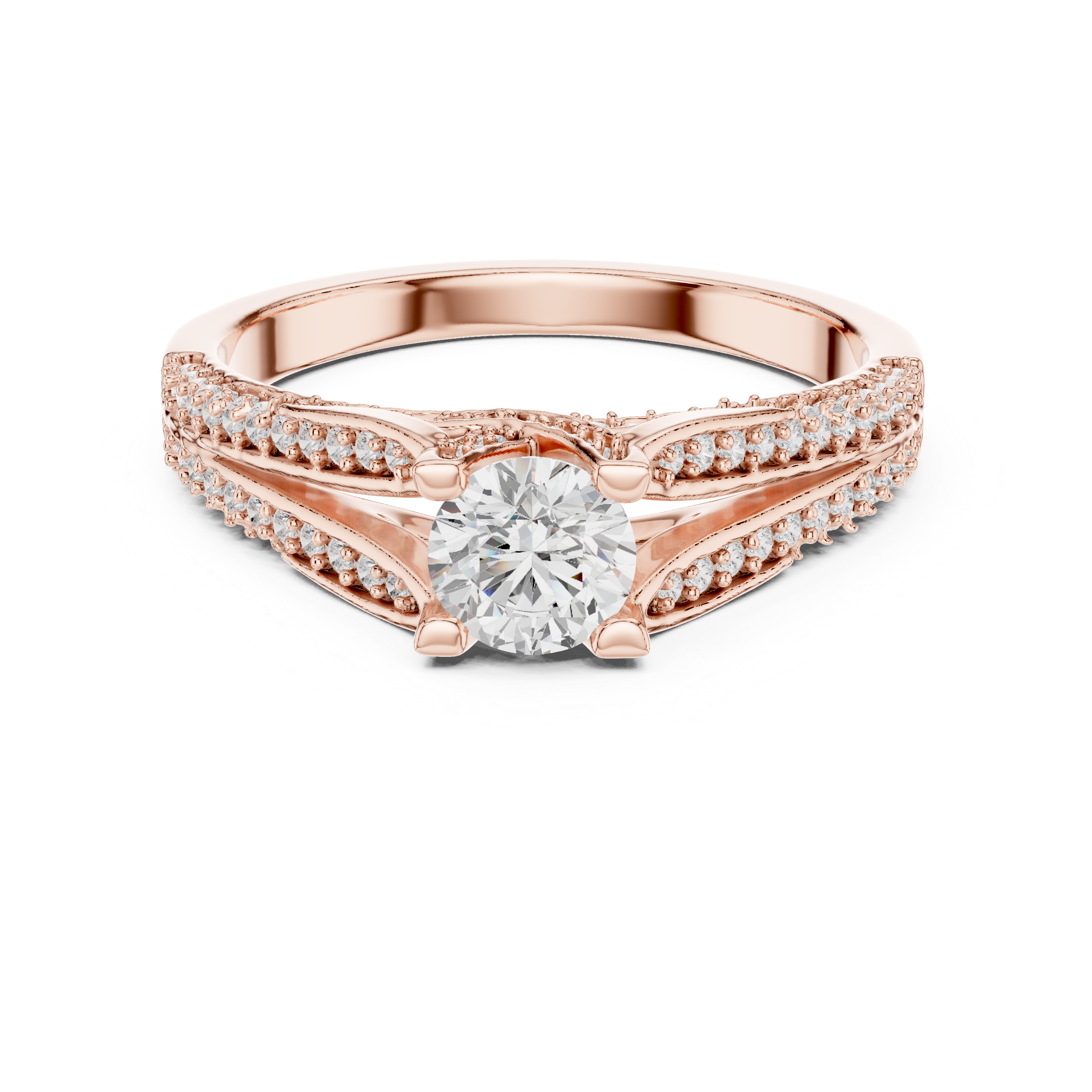 Split Shank Diamond Engagement Ring – Round Cut Pavé Bridal Ring with Cathedral Setting