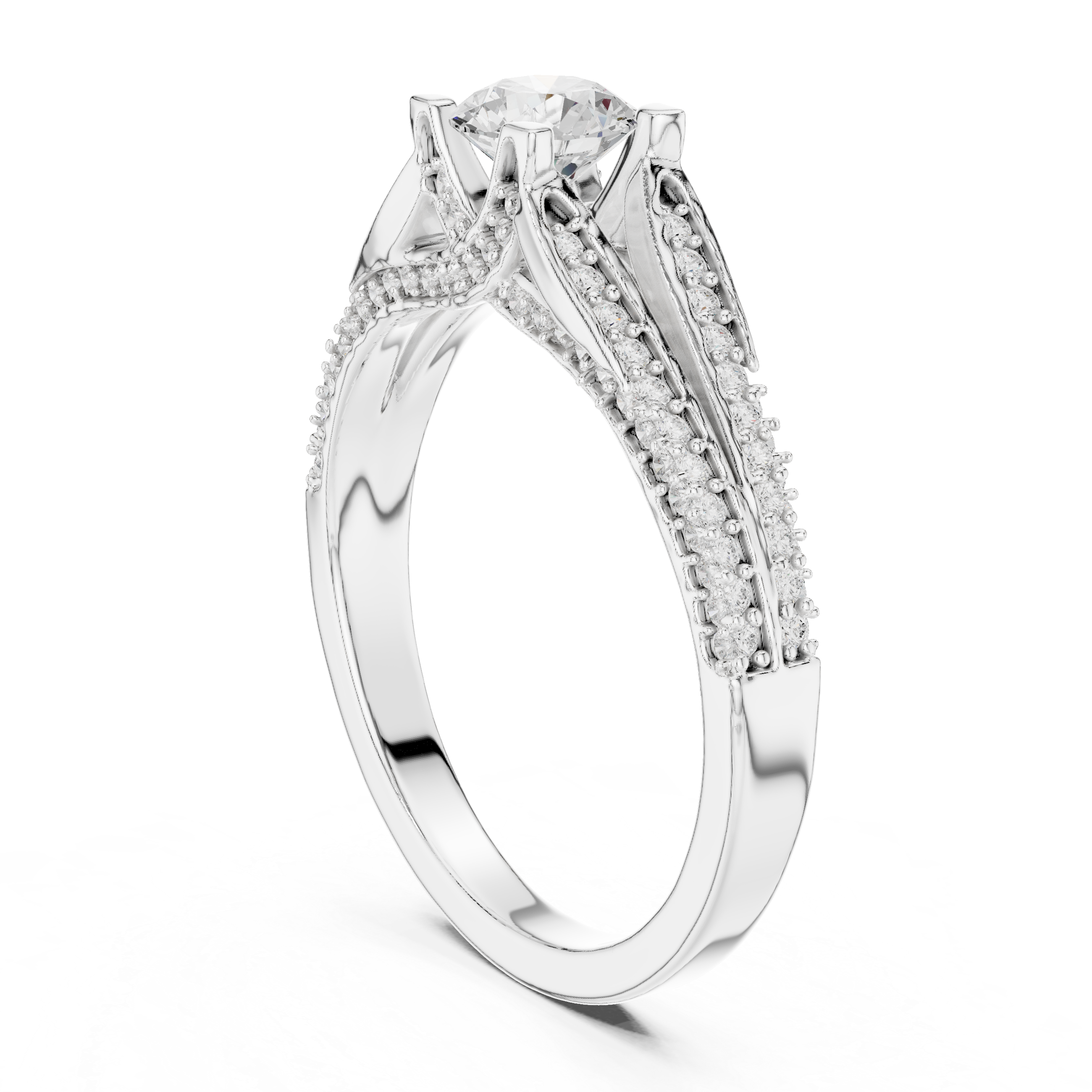 Split Shank Diamond Engagement Ring – Round Cut Pavé Bridal Ring with Cathedral Setting
