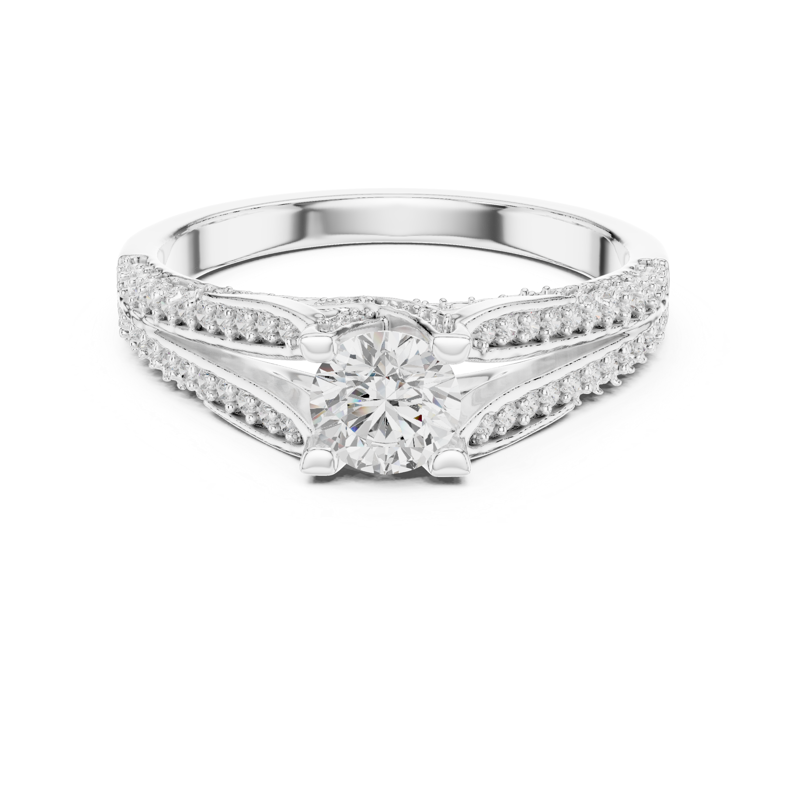 Split Shank Diamond Engagement Ring – Round Cut Pavé Bridal Ring with Cathedral Setting