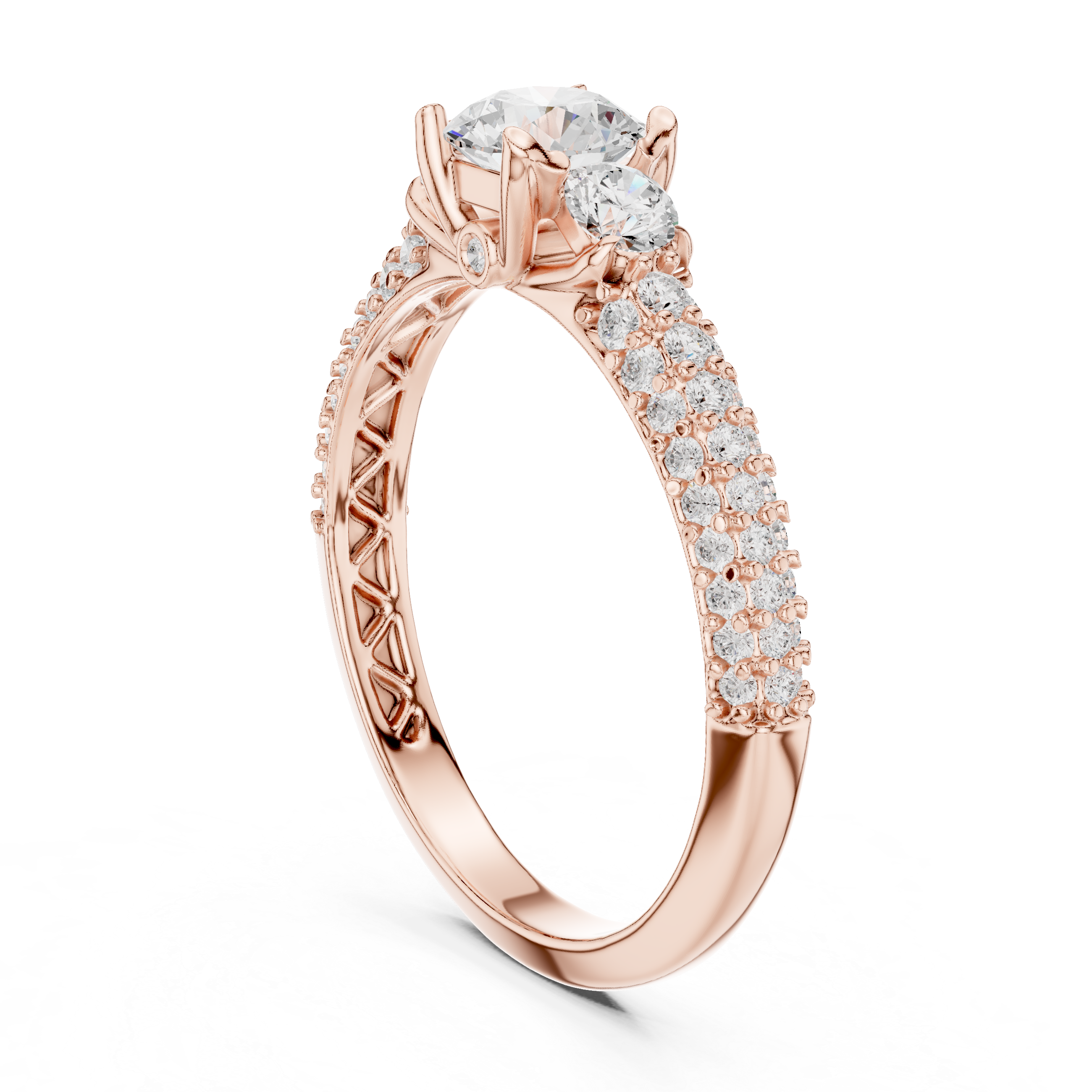 Three Stone Diamond Engagement Ring – Round Cut Center with Pavé Split Shank Bridal Ring