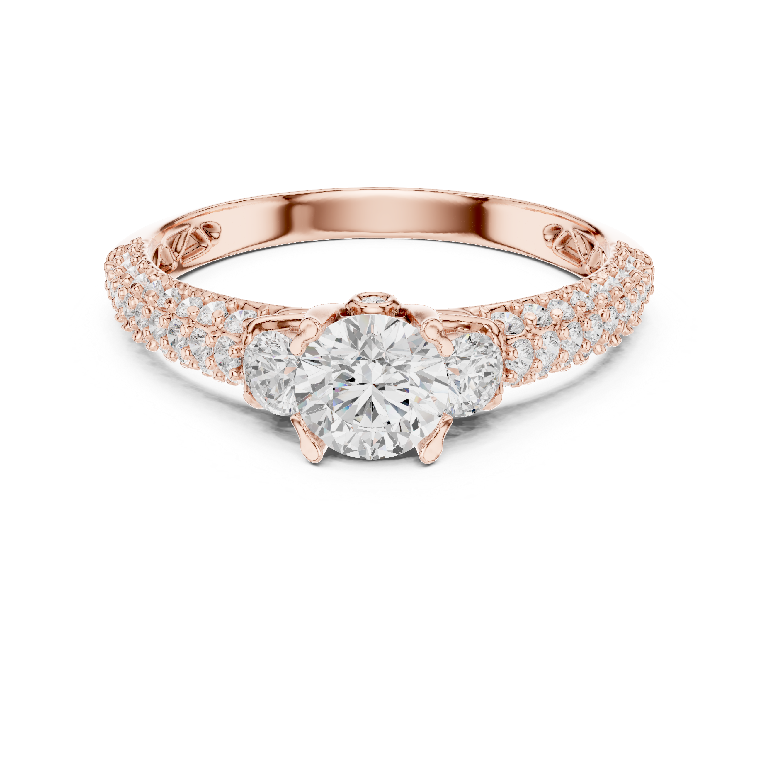 Three Stone Diamond Engagement Ring – Round Cut Center with Pavé Split Shank Bridal Ring