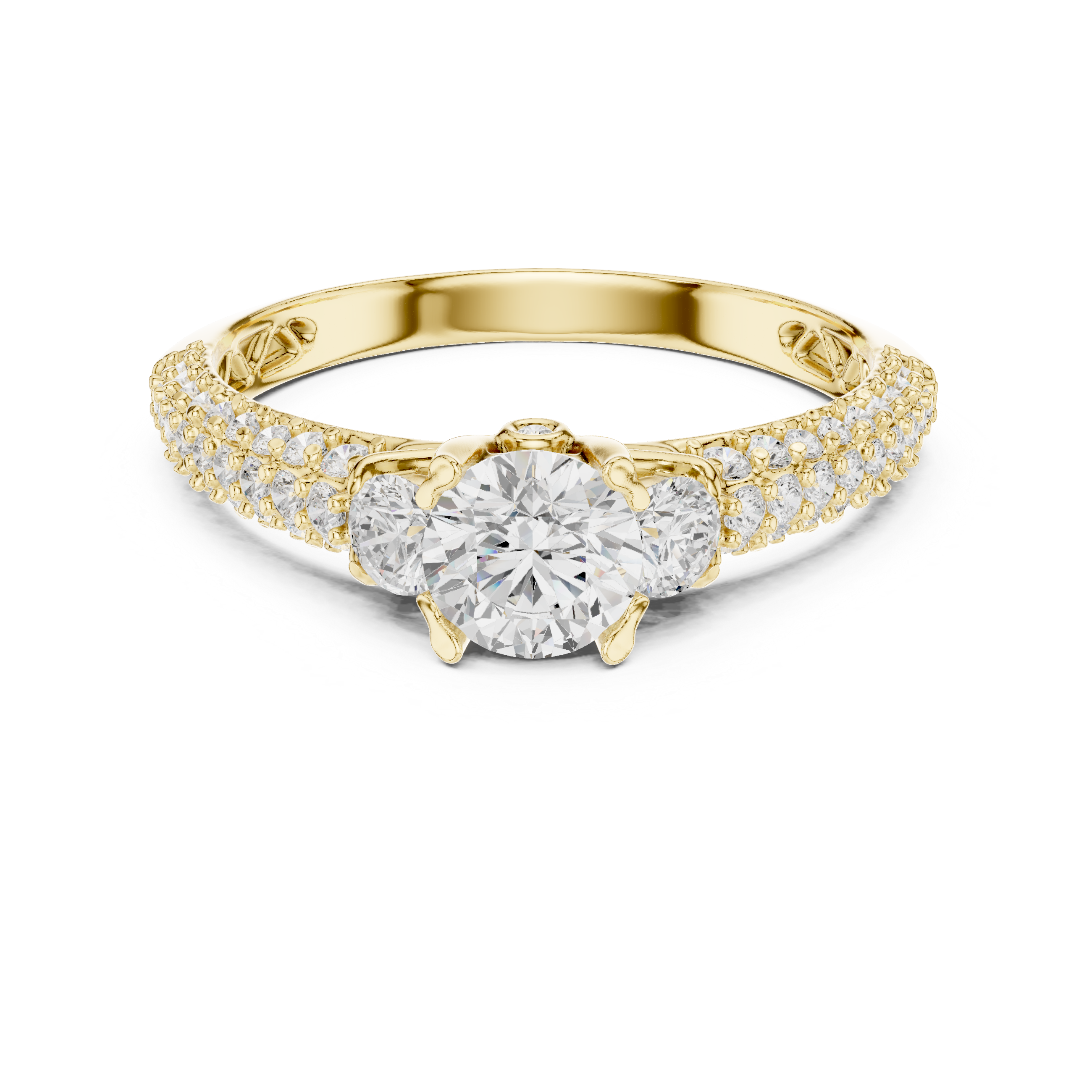 Three Stone Diamond Engagement Ring – Round Cut Center with Pavé Split Shank Bridal Ring