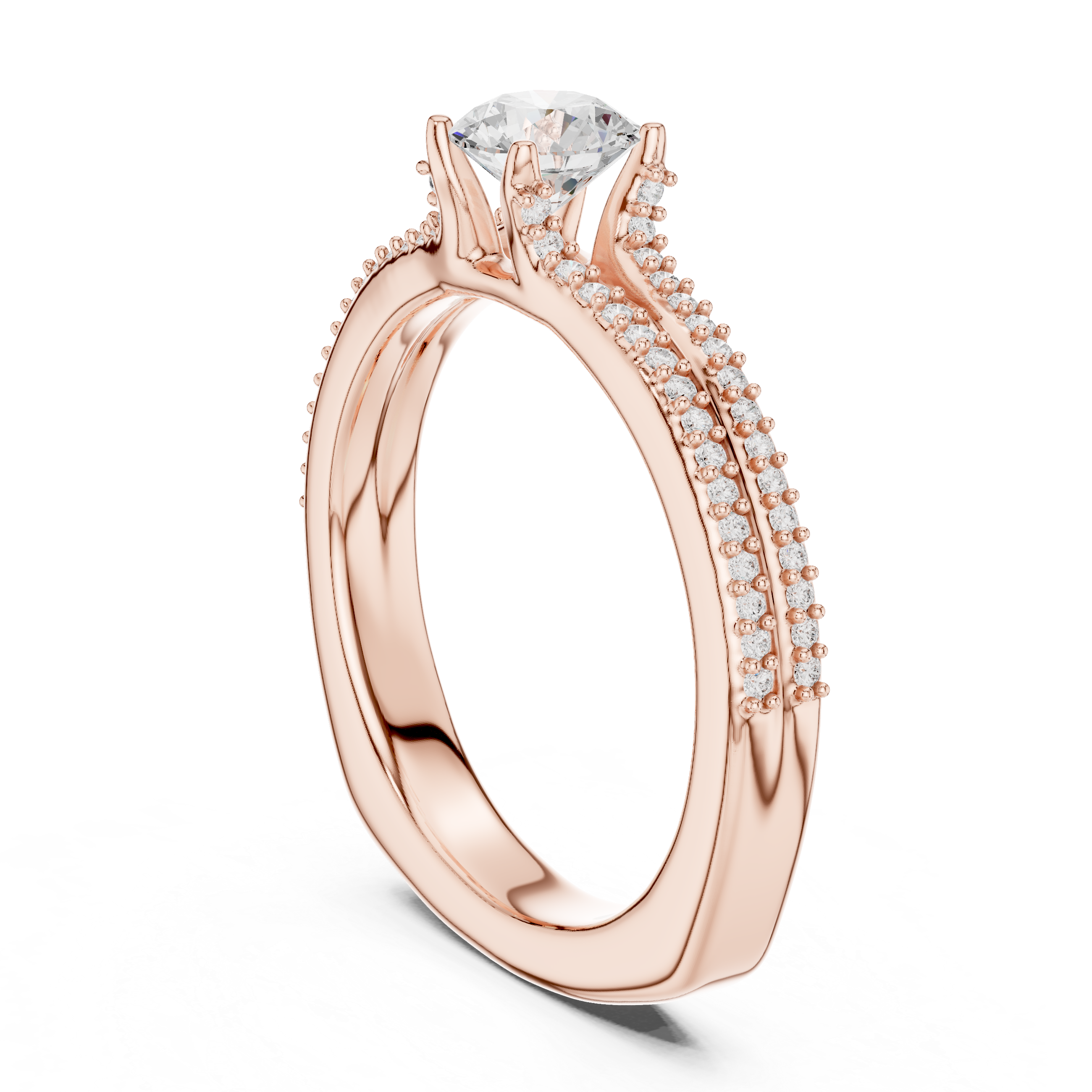 Round Cut Diamond Engagement Ring – Double Row Pavé Solitaire Ring with Elegant Cathedral Band