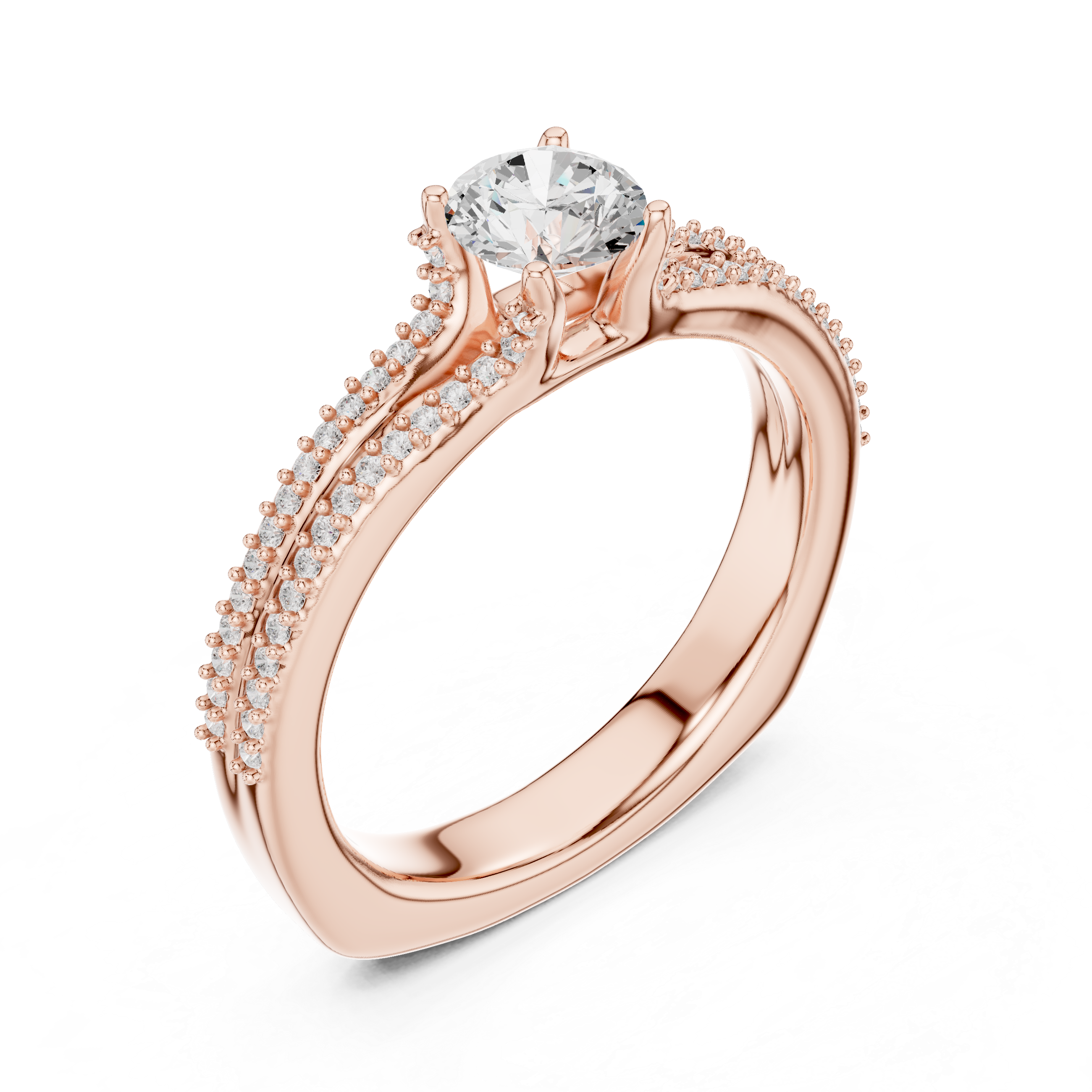 Round Cut Diamond Engagement Ring – Double Row Pavé Solitaire Ring with Elegant Cathedral Band