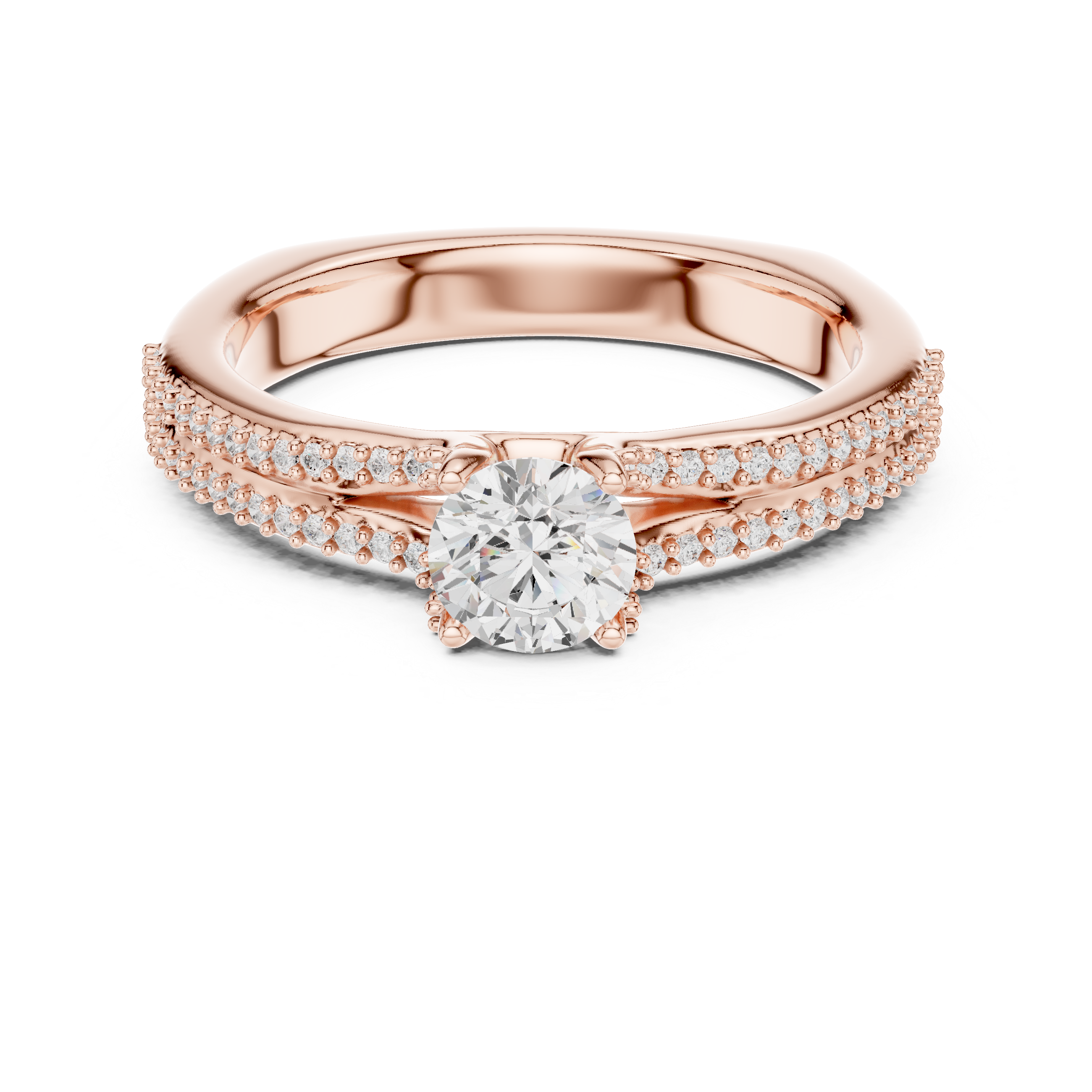 Round Cut Diamond Engagement Ring – Double Row Pavé Solitaire Ring with Elegant Cathedral Band
