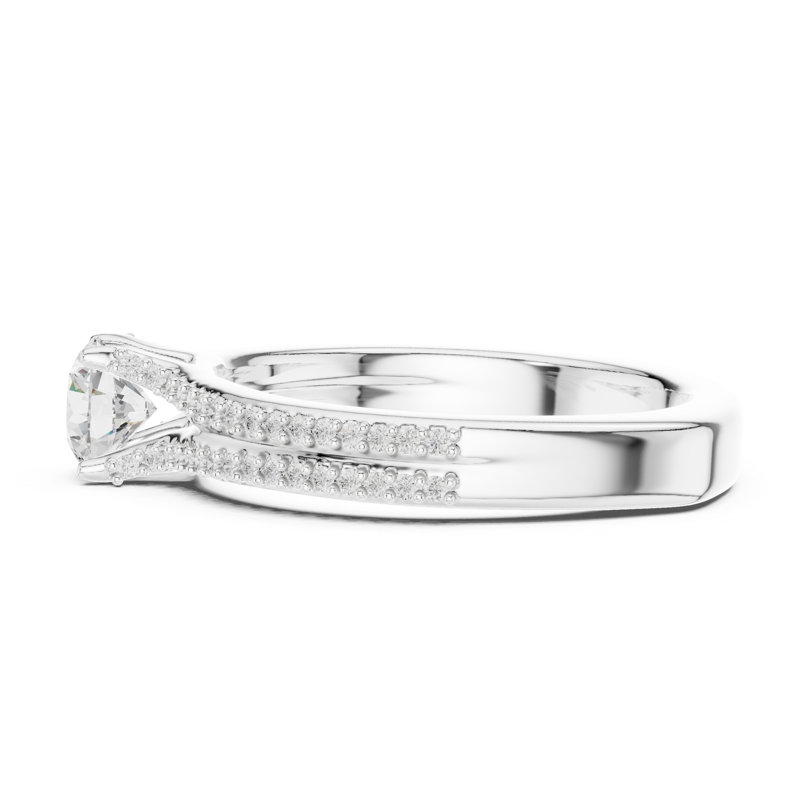 Round Cut Diamond Engagement Ring – Double Row Pavé Solitaire Ring with Elegant Cathedral Band