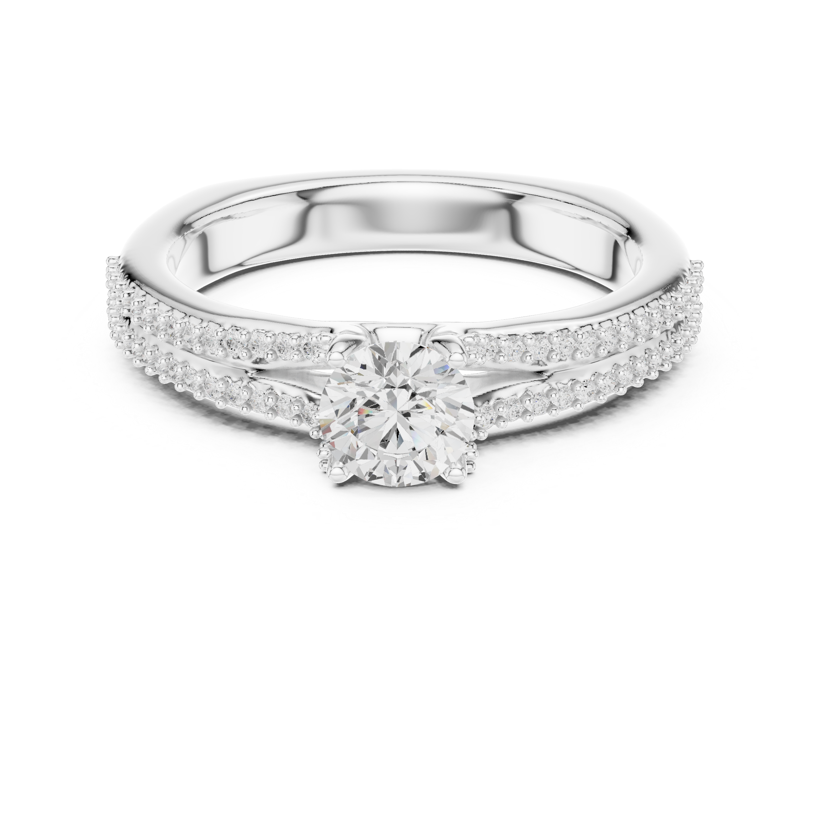 Round Cut Diamond Engagement Ring – Double Row Pavé Solitaire Ring with Elegant Cathedral Band