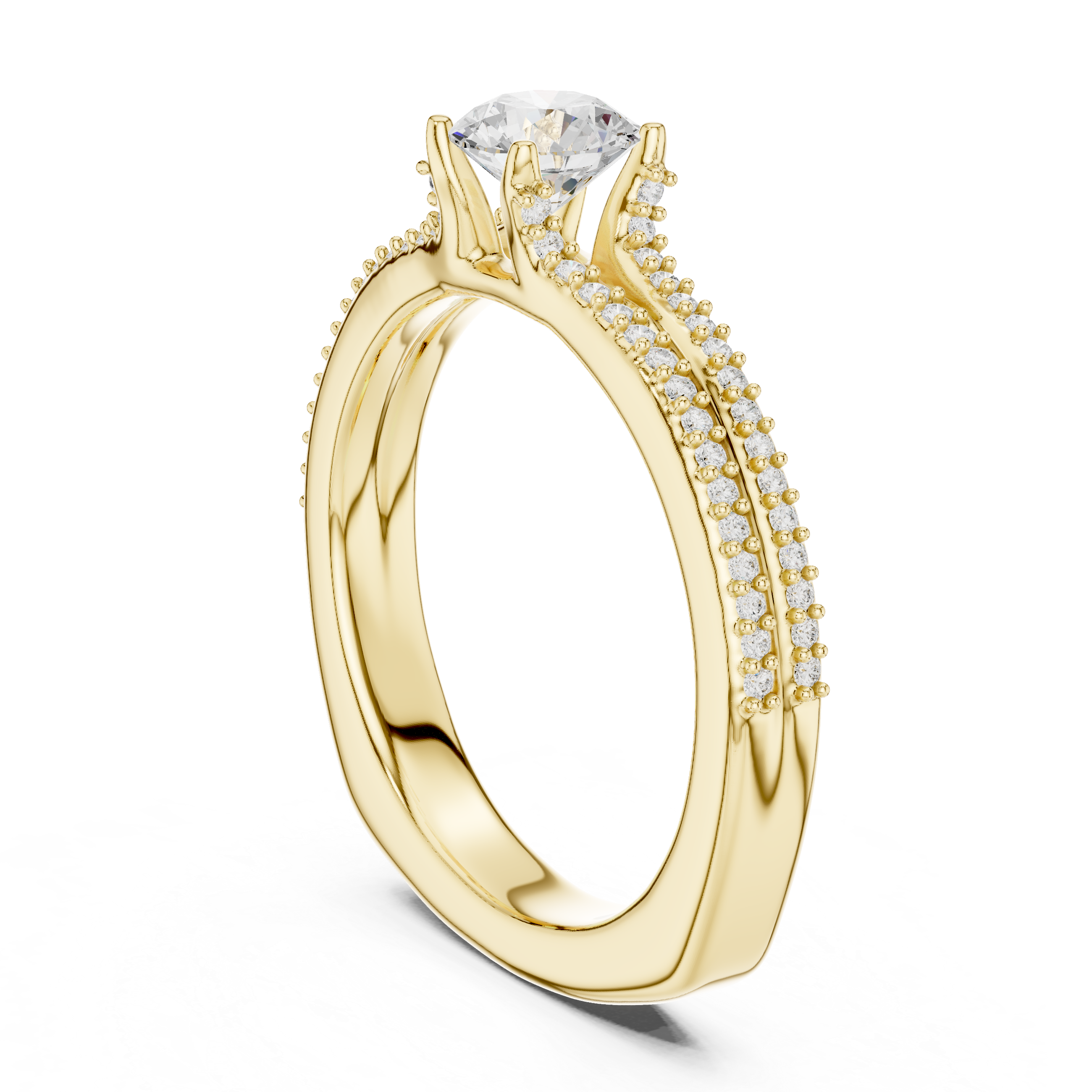 Round Cut Diamond Engagement Ring – Double Row Pavé Solitaire Ring with Elegant Cathedral Band