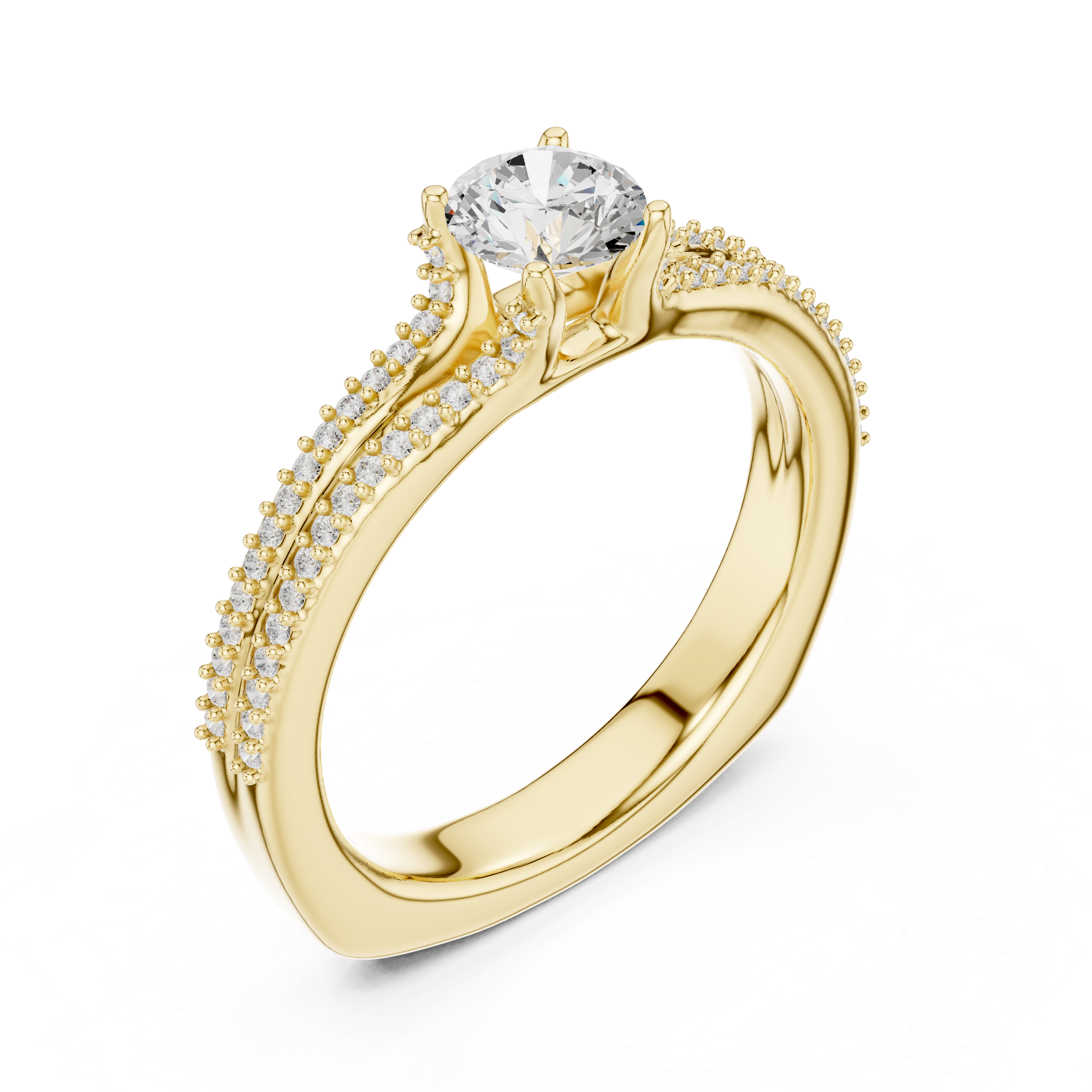 Round Cut Diamond Engagement Ring – Double Row Pavé Solitaire Ring with Elegant Cathedral Band