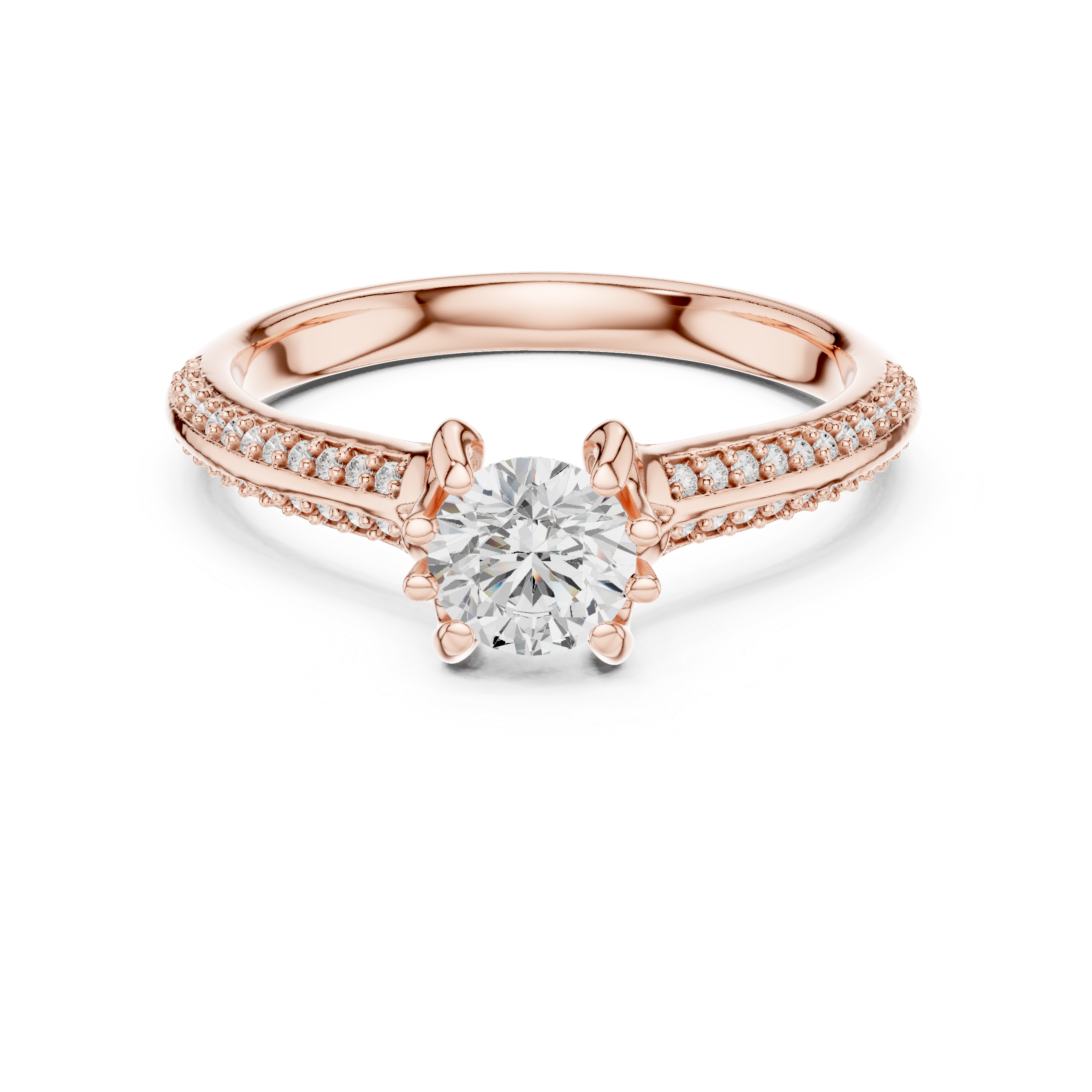 Round Cut Solitaire Diamond Engagement Ring – Split Shank Pavé Bridal Ring with Elegant Cathedral Setting