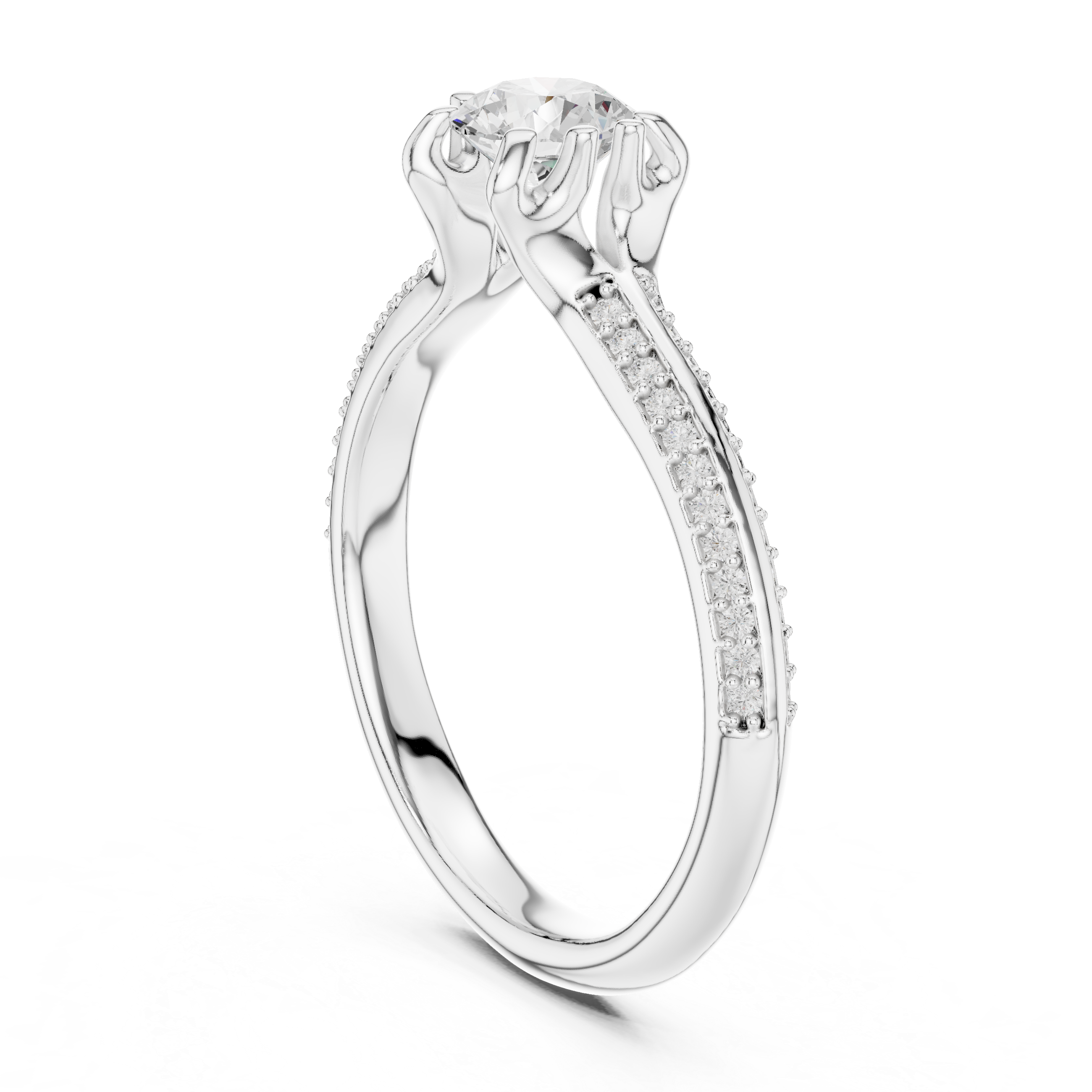 Round Cut Solitaire Diamond Engagement Ring – Split Shank Pavé Bridal Ring with Elegant Cathedral Setting