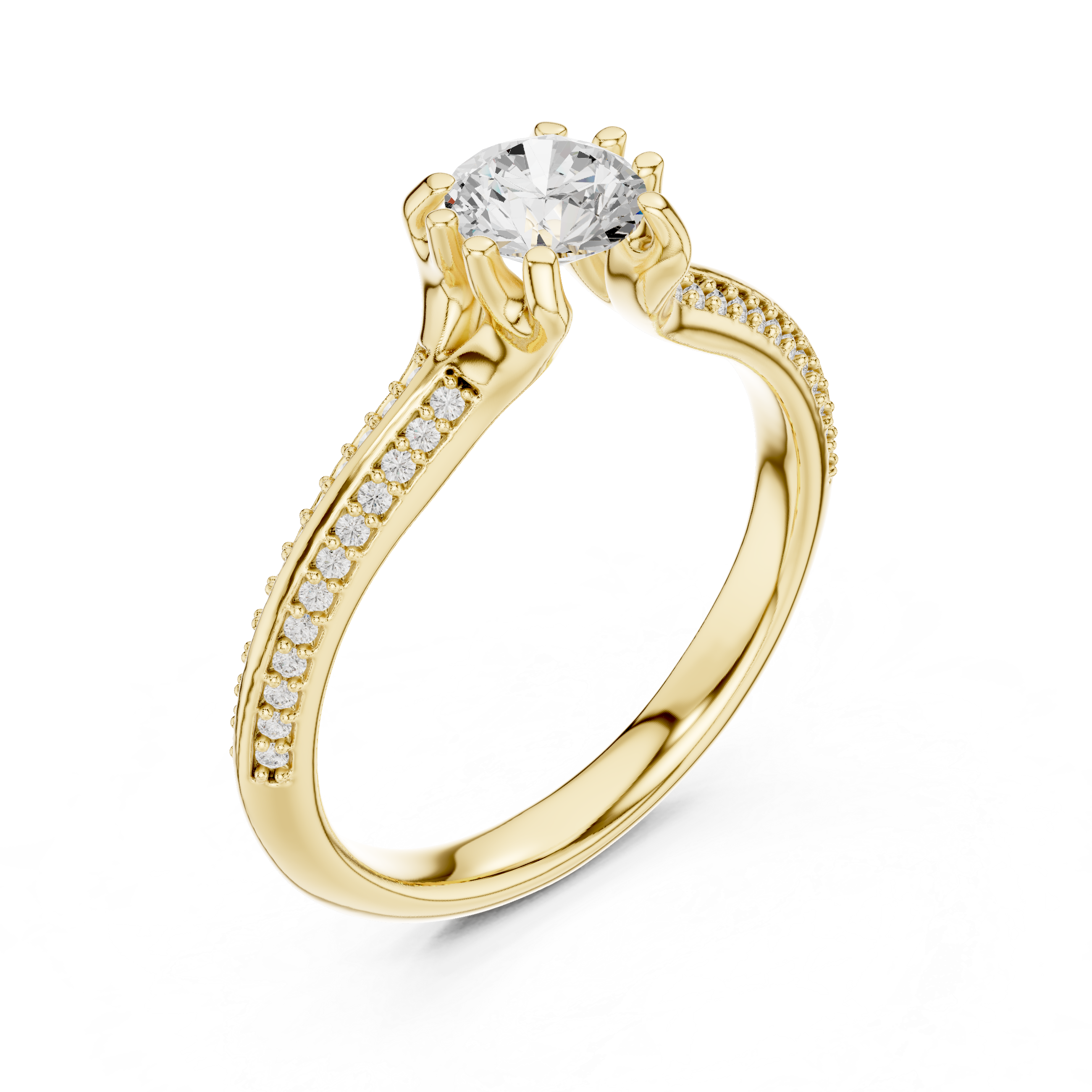 Round Cut Solitaire Diamond Engagement Ring – Split Shank Pavé Bridal Ring with Elegant Cathedral Setting