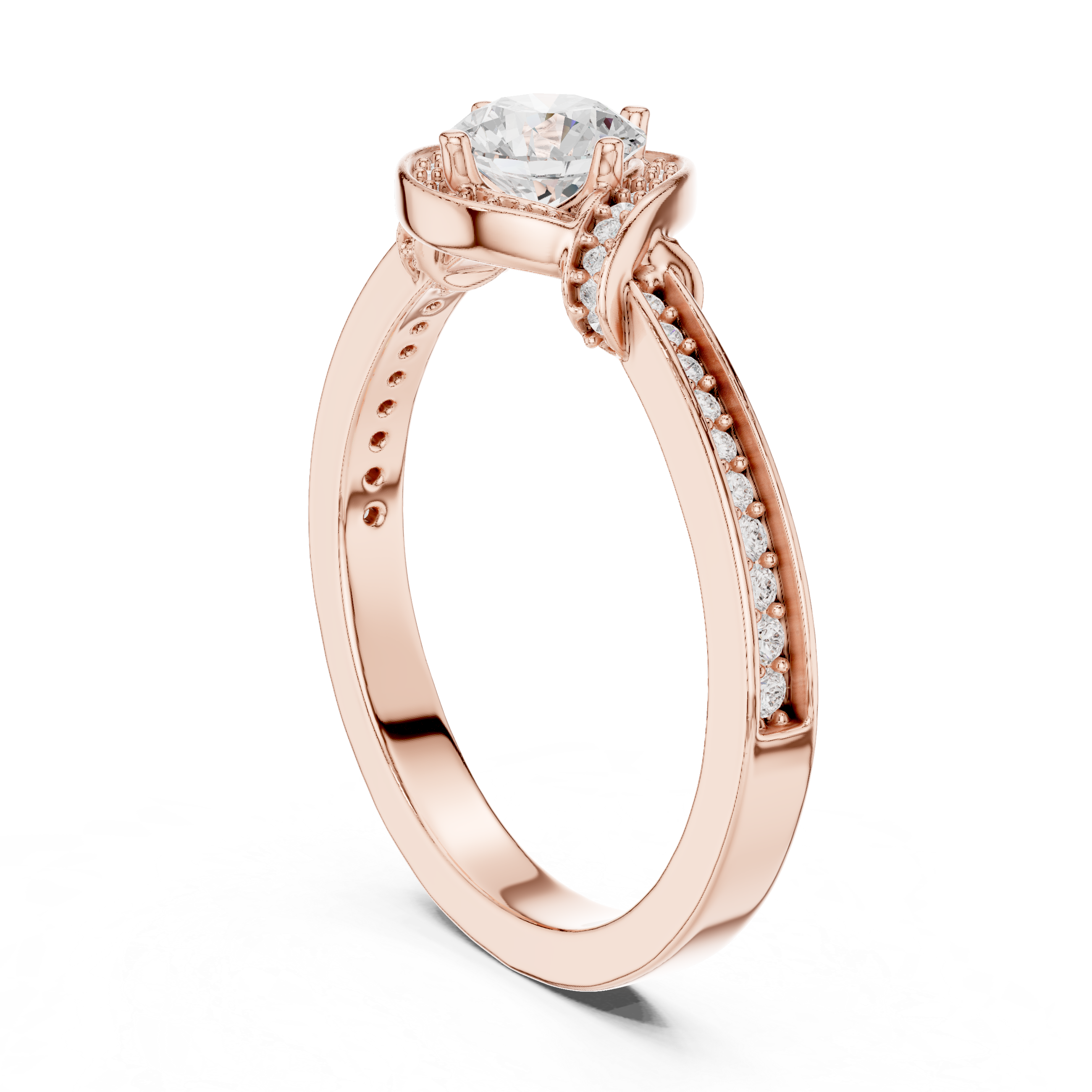 Round Cut Halo Diamond Engagement Ring – Vintage Pavé Bridal Ring with Split Accent Shoulders