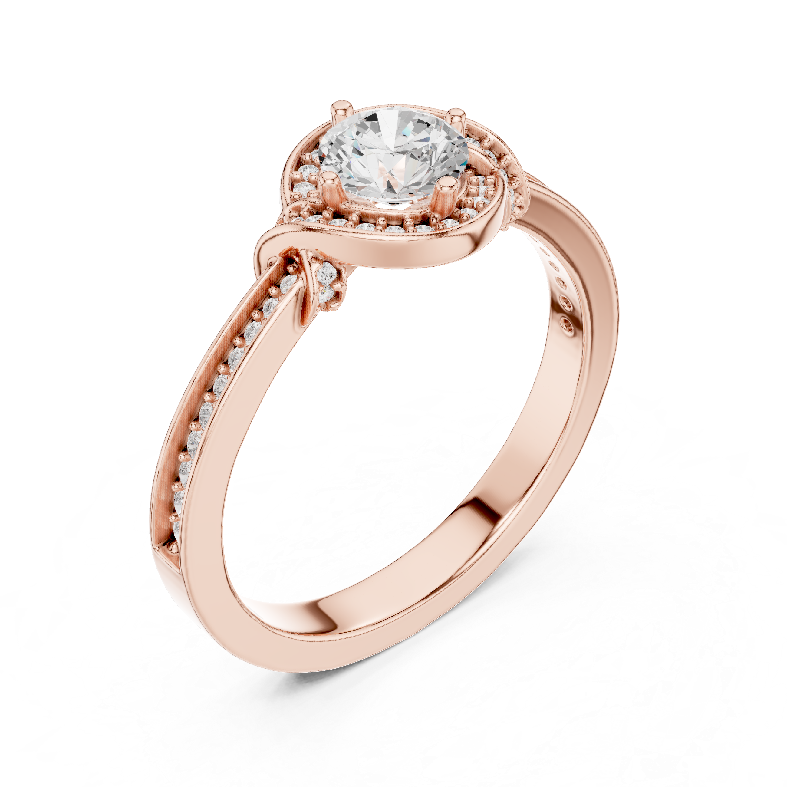Round Cut Halo Diamond Engagement Ring – Vintage Pavé Bridal Ring with Split Accent Shoulders