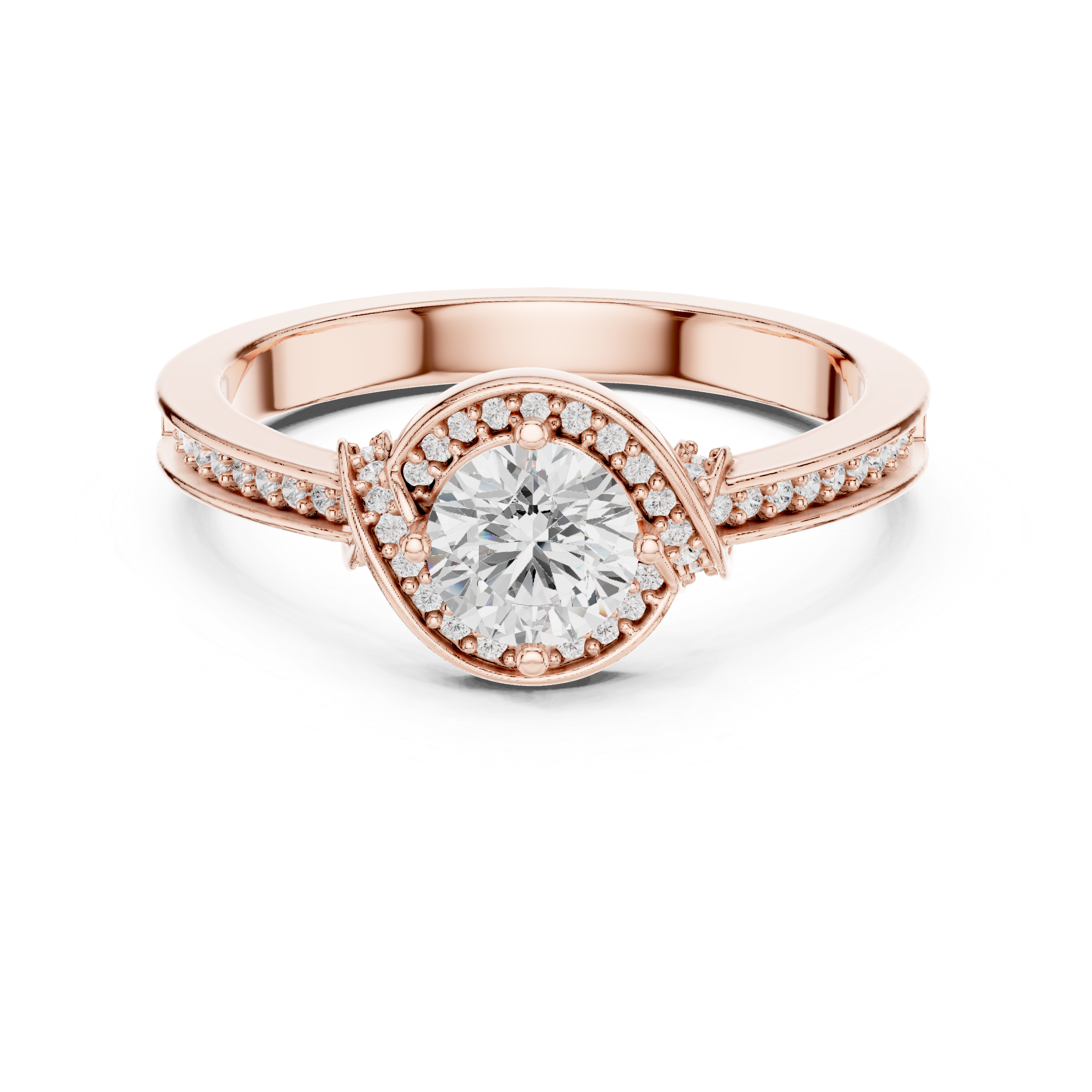 Round Cut Halo Diamond Engagement Ring – Vintage Pavé Bridal Ring with Split Accent Shoulders