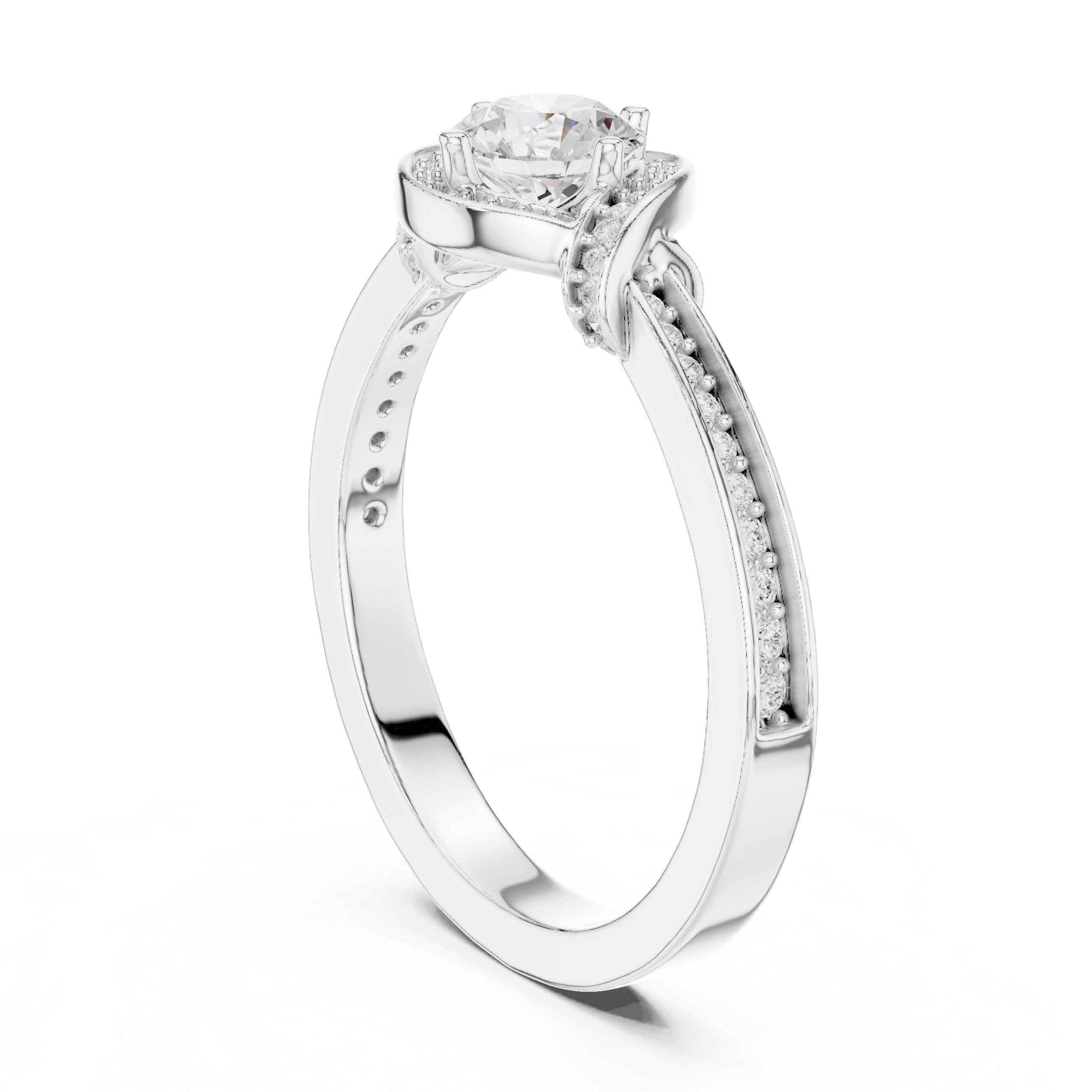 Round Cut Halo Diamond Engagement Ring – Vintage Pavé Bridal Ring with Split Accent Shoulders