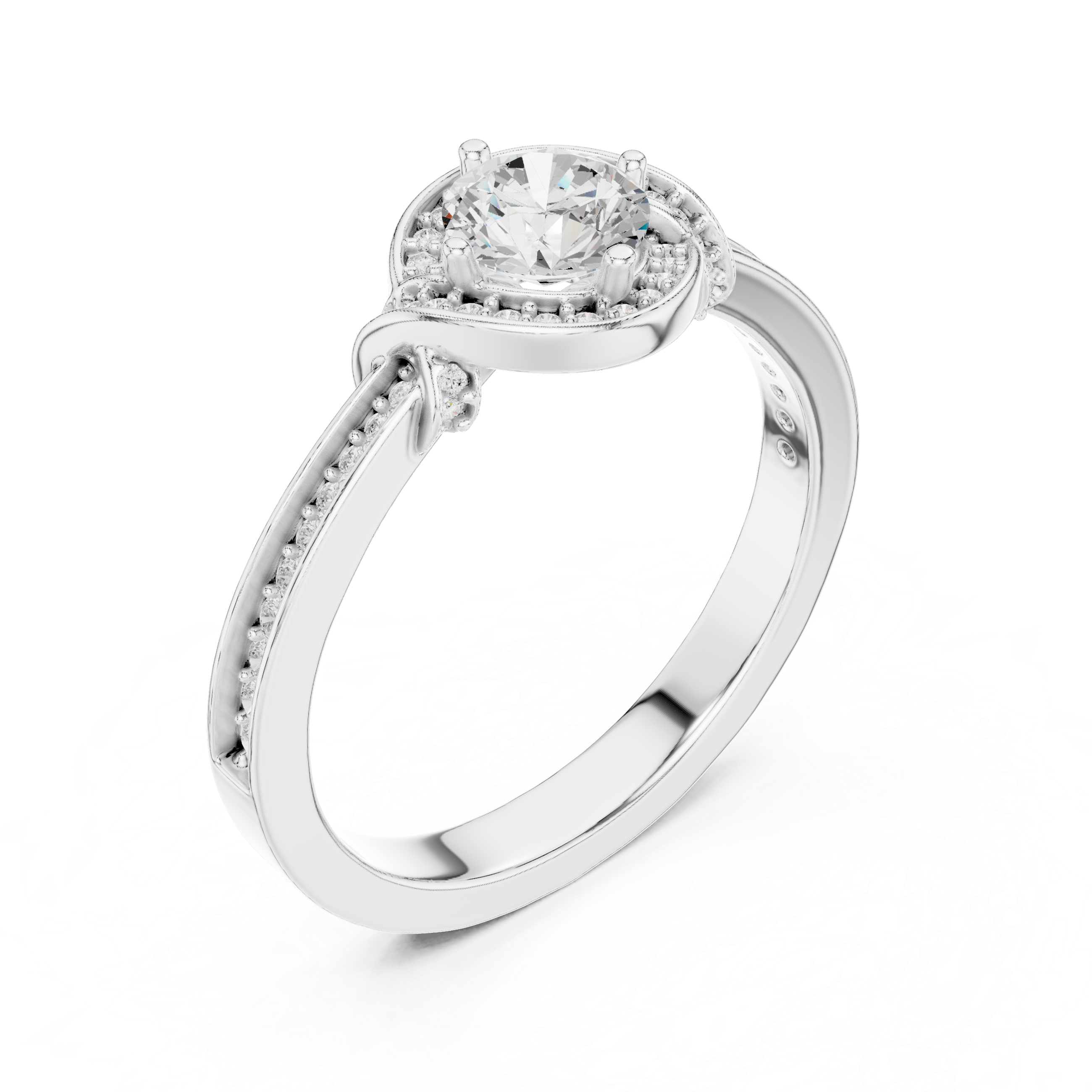 Round Cut Halo Diamond Engagement Ring – Vintage Pavé Bridal Ring with Split Accent Shoulders