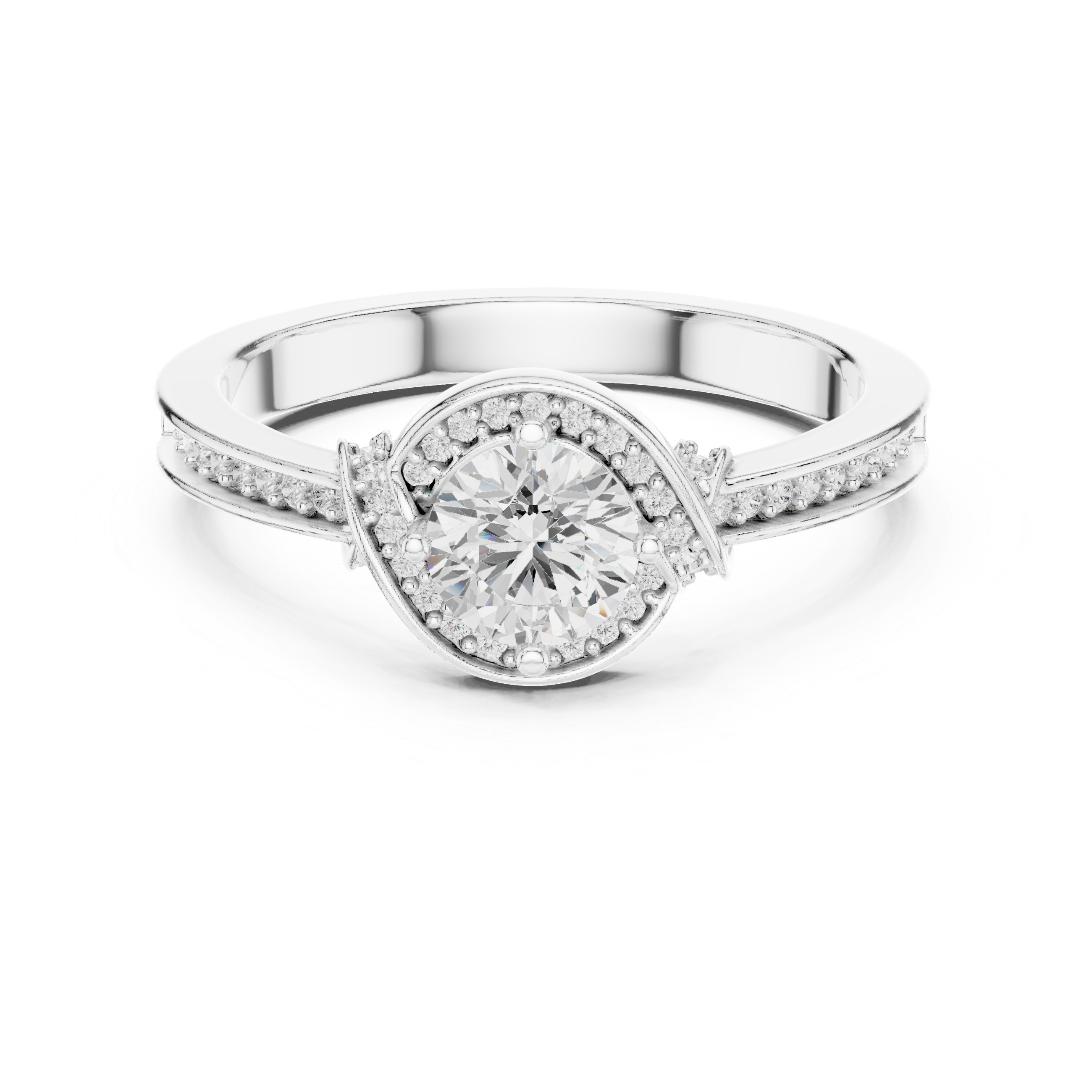 Round Cut Halo Diamond Engagement Ring – Vintage Pavé Bridal Ring with Split Accent Shoulders