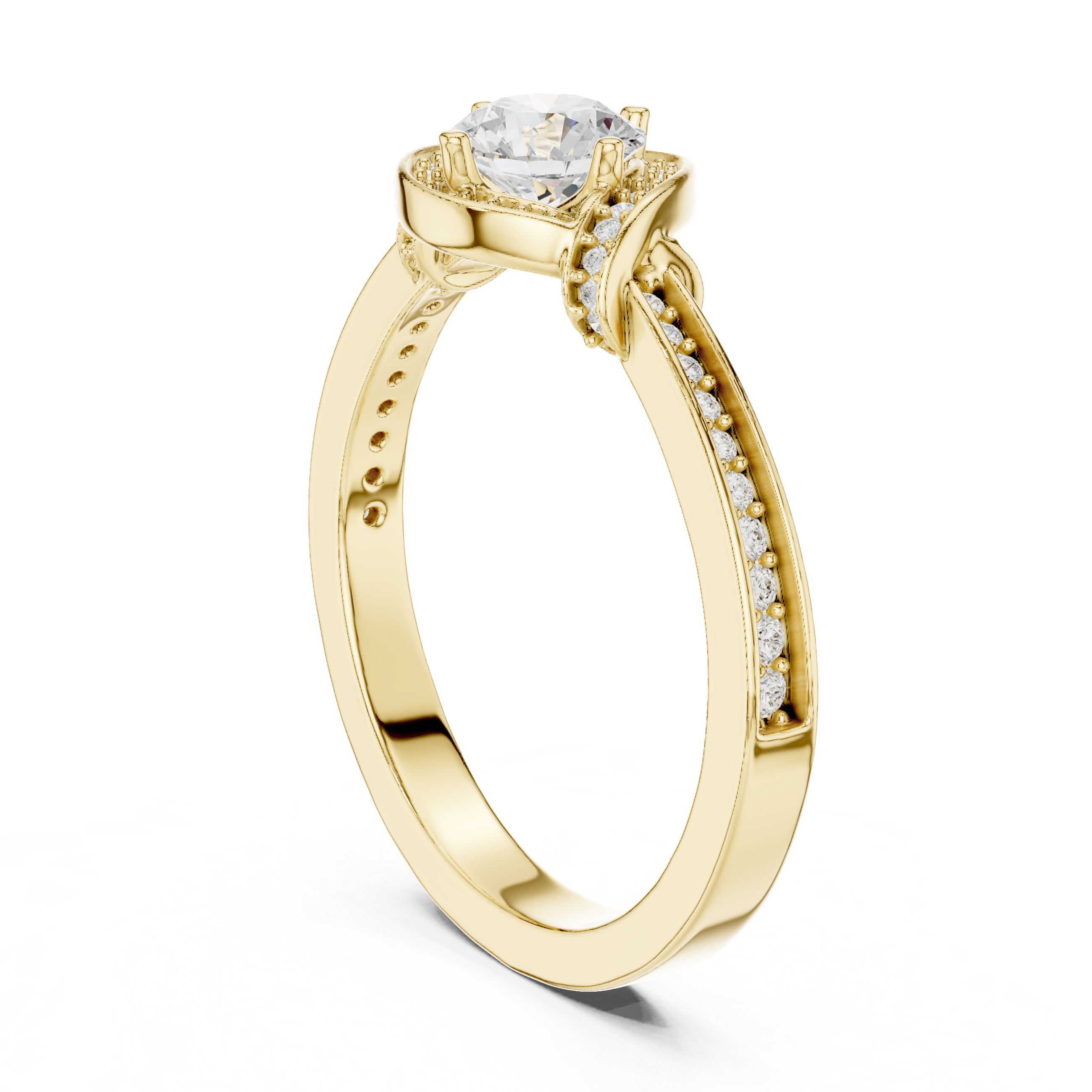 Round Cut Halo Diamond Engagement Ring – Vintage Pavé Bridal Ring with Split Accent Shoulders
