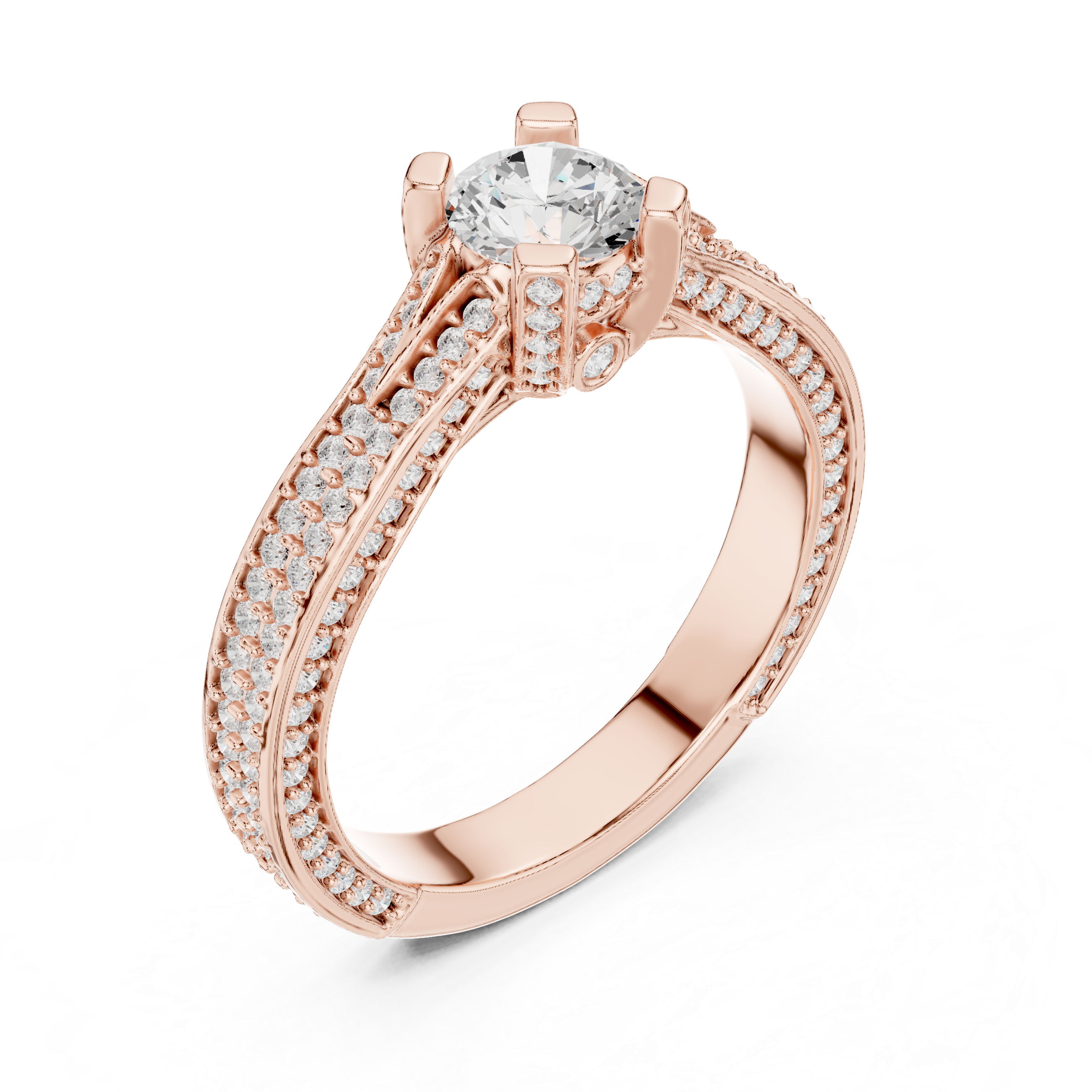 Round Cut Diamond Engagement Ring – Split Shank Pave Bridal Ring with Hidden Halo