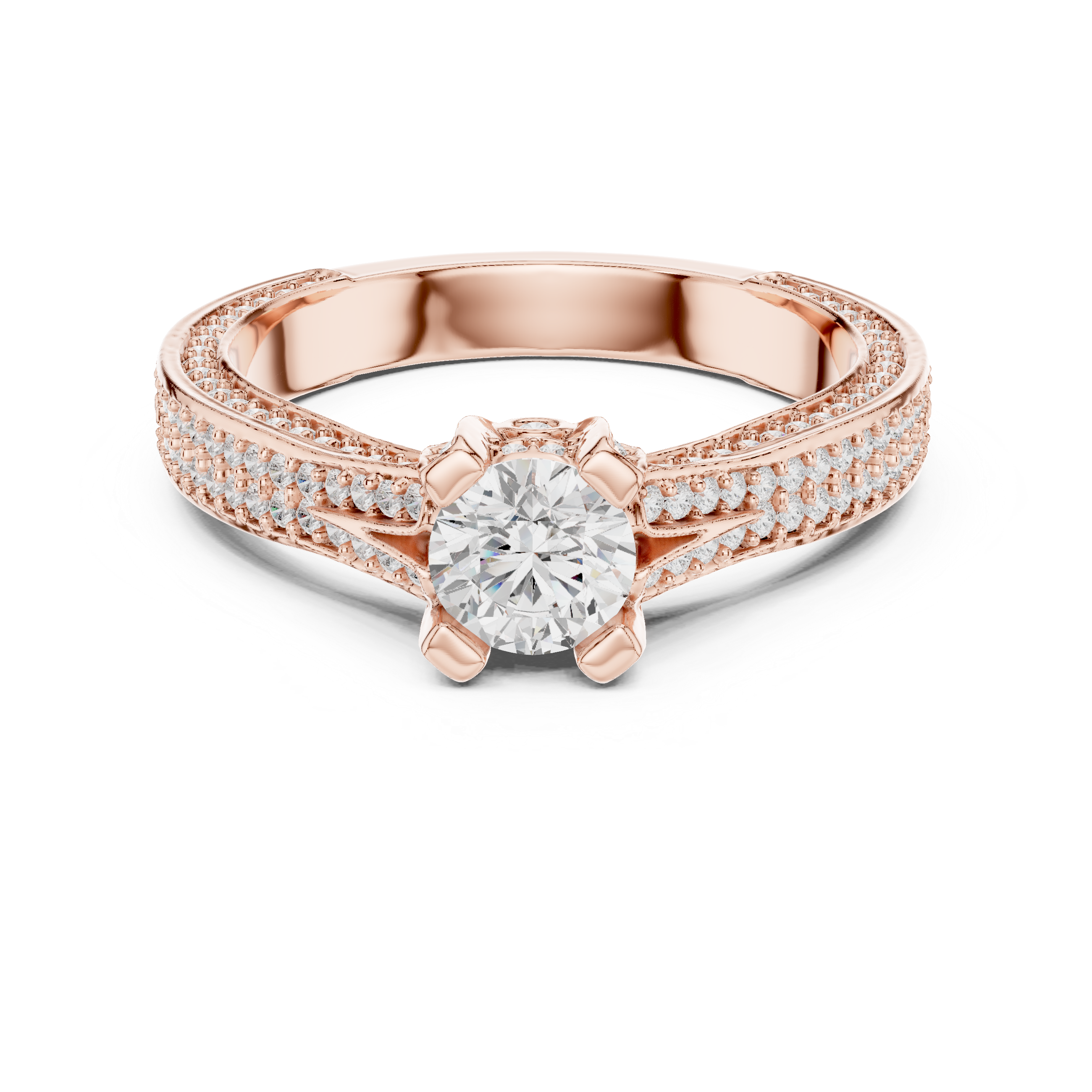 Round Cut Diamond Engagement Ring – Split Shank Pave Bridal Ring with Hidden Halo