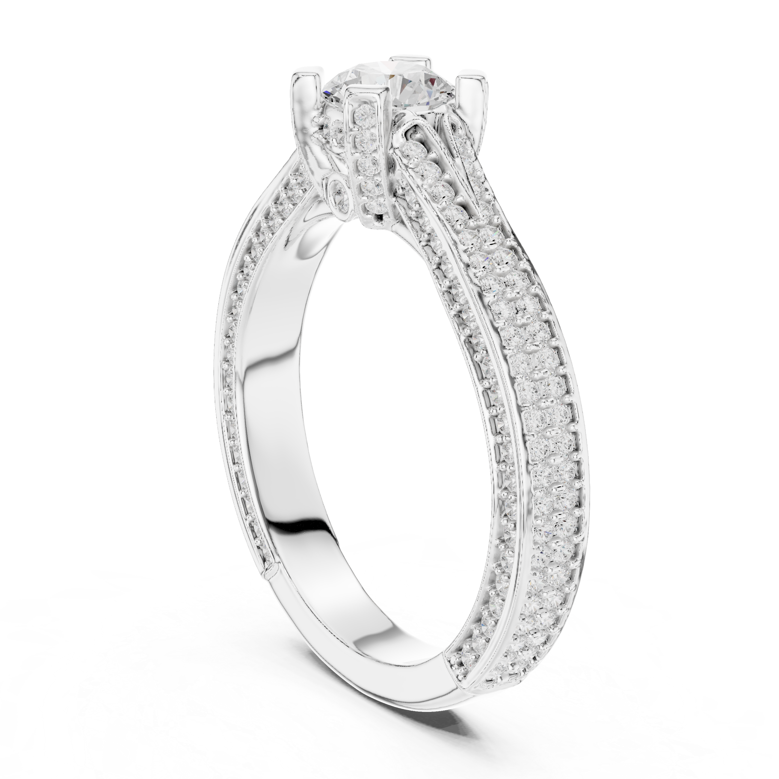 Round Cut Diamond Engagement Ring – Split Shank Pave Bridal Ring with Hidden Halo