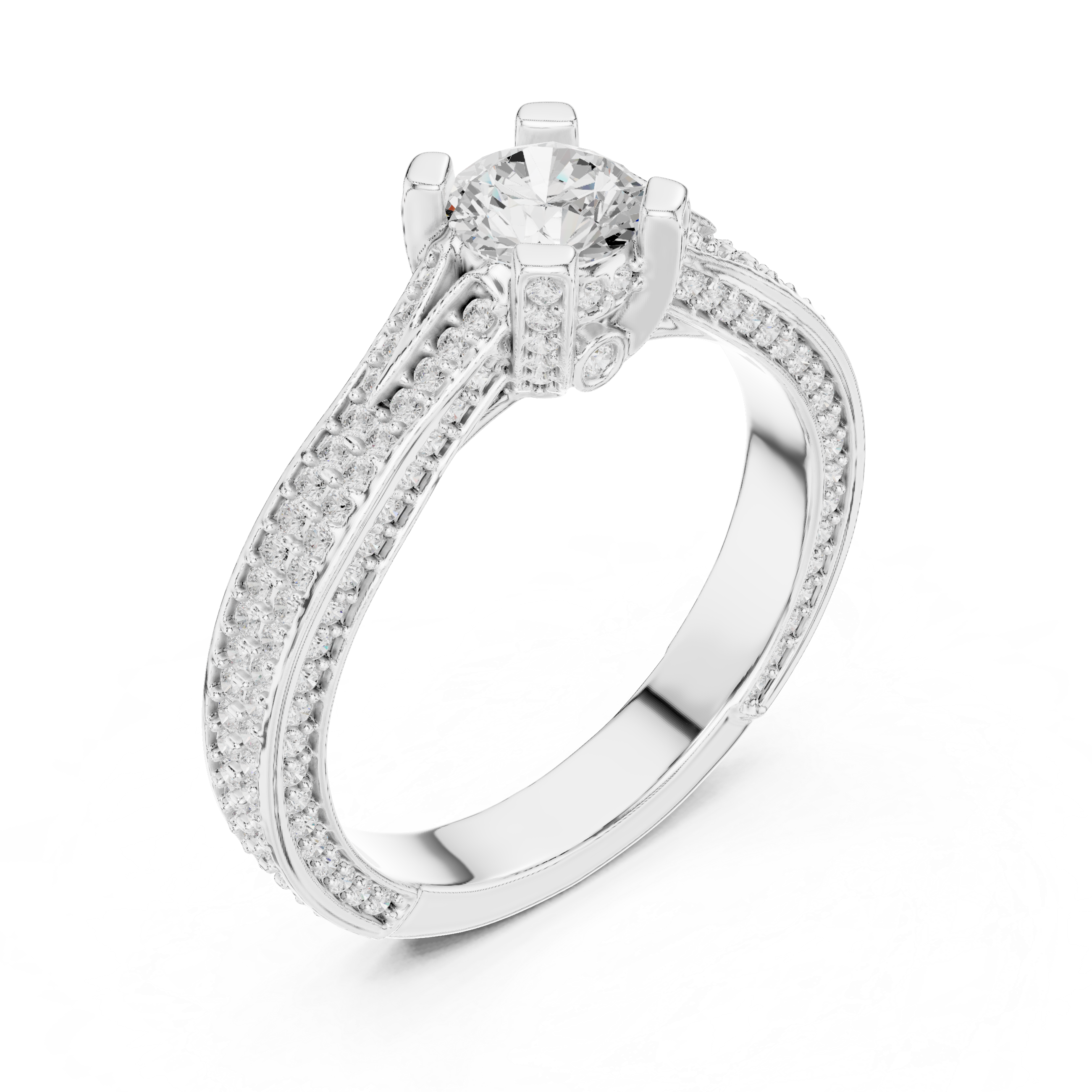 Round Cut Diamond Engagement Ring – Split Shank Pave Bridal Ring with Hidden Halo