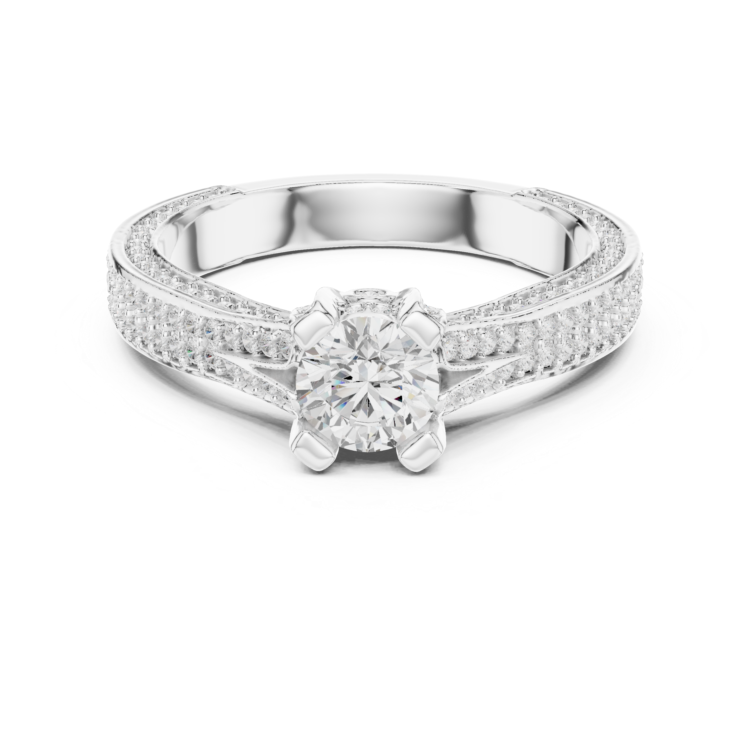 Round Cut Diamond Engagement Ring – Split Shank Pave Bridal Ring with Hidden Halo