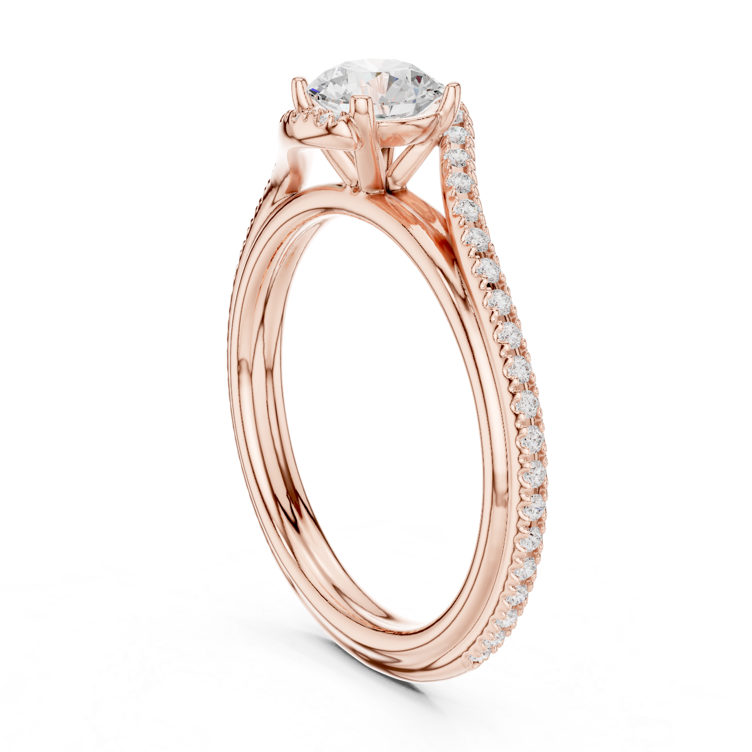 Twisted Bypass Solitaire Engagement Ring with Pavé Diamond Band