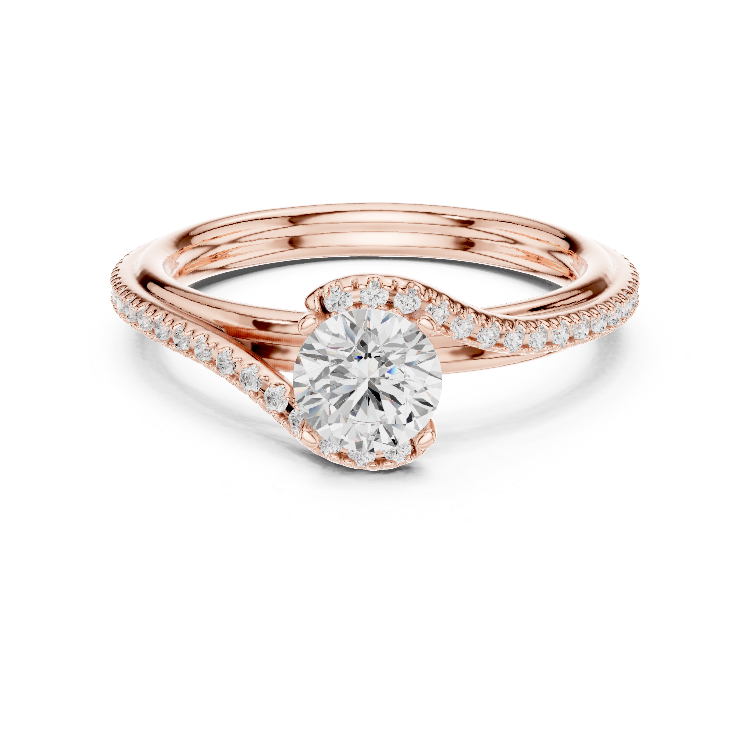 Twisted Bypass Solitaire Engagement Ring with Pavé Diamond Band