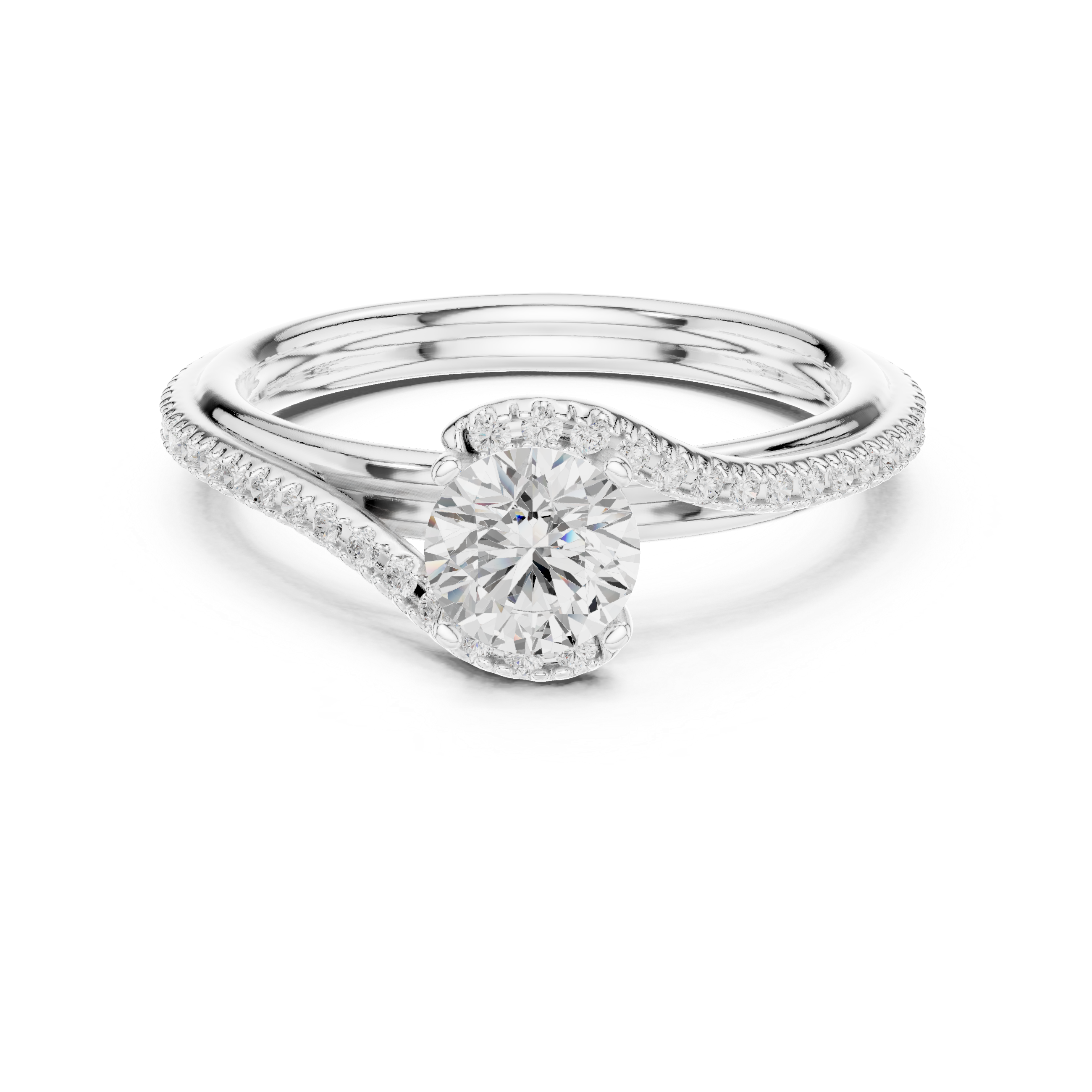 Twisted Bypass Solitaire Engagement Ring with Pavé Diamond Band
