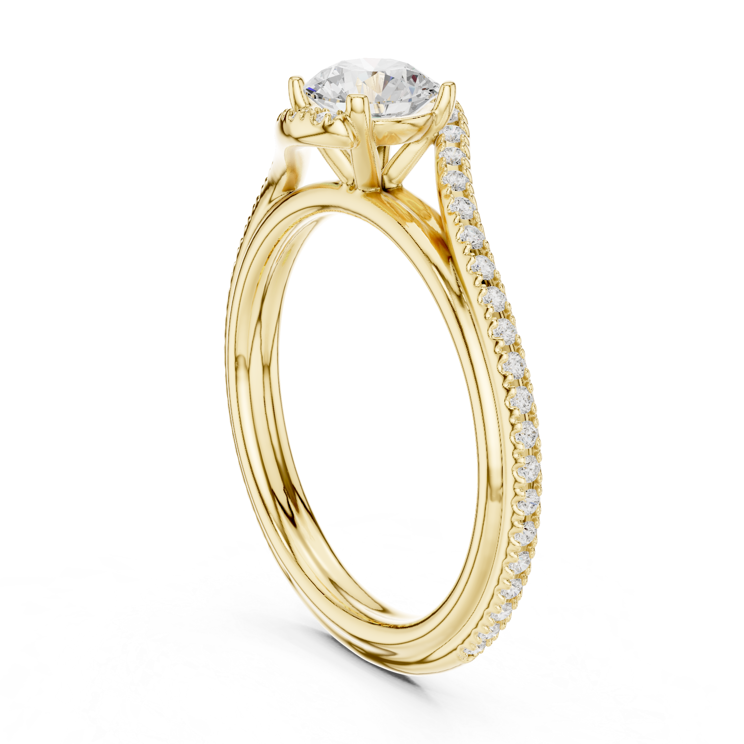Twisted Bypass Solitaire Engagement Ring with Pavé Diamond Band