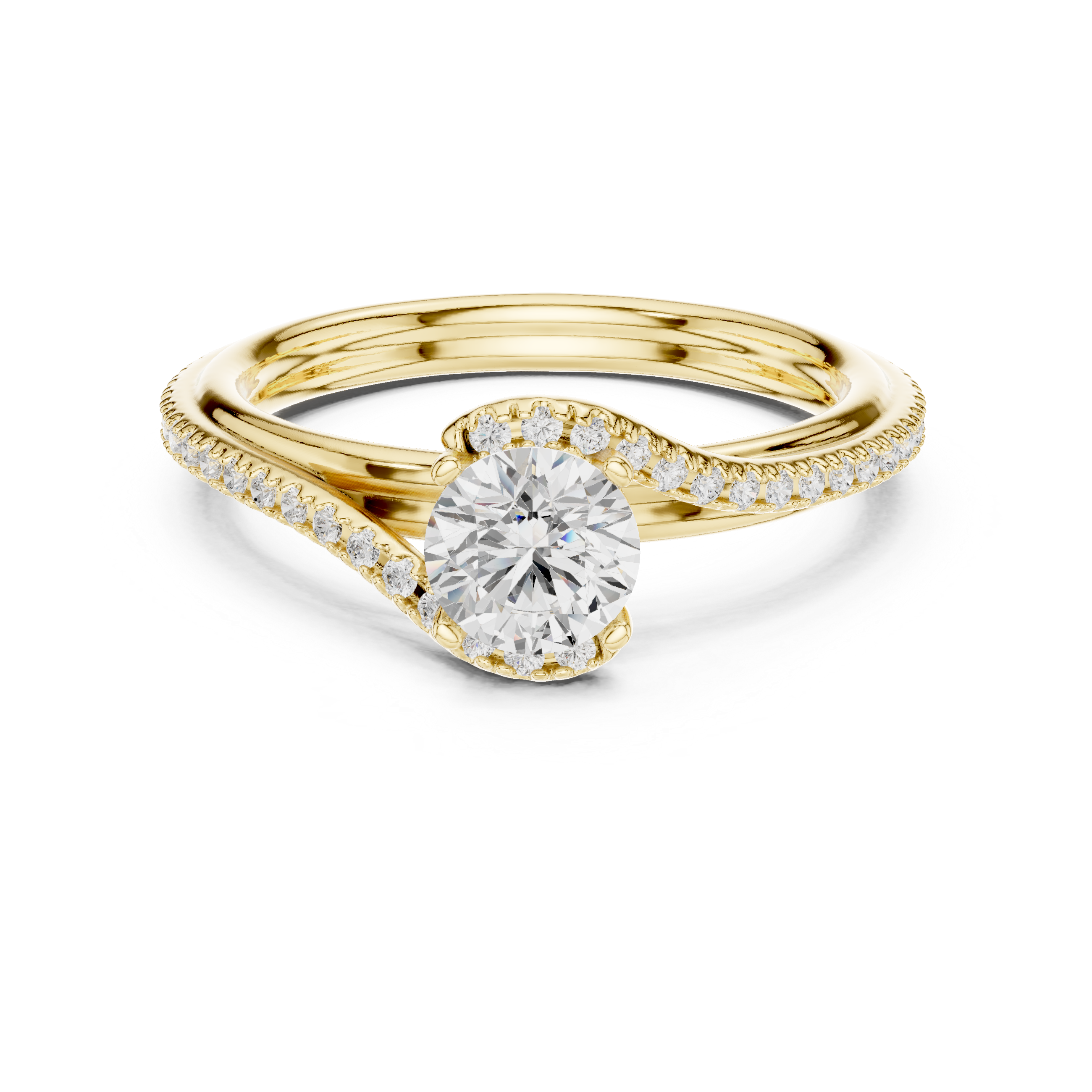 Twisted Bypass Solitaire Engagement Ring with Pavé Diamond Band